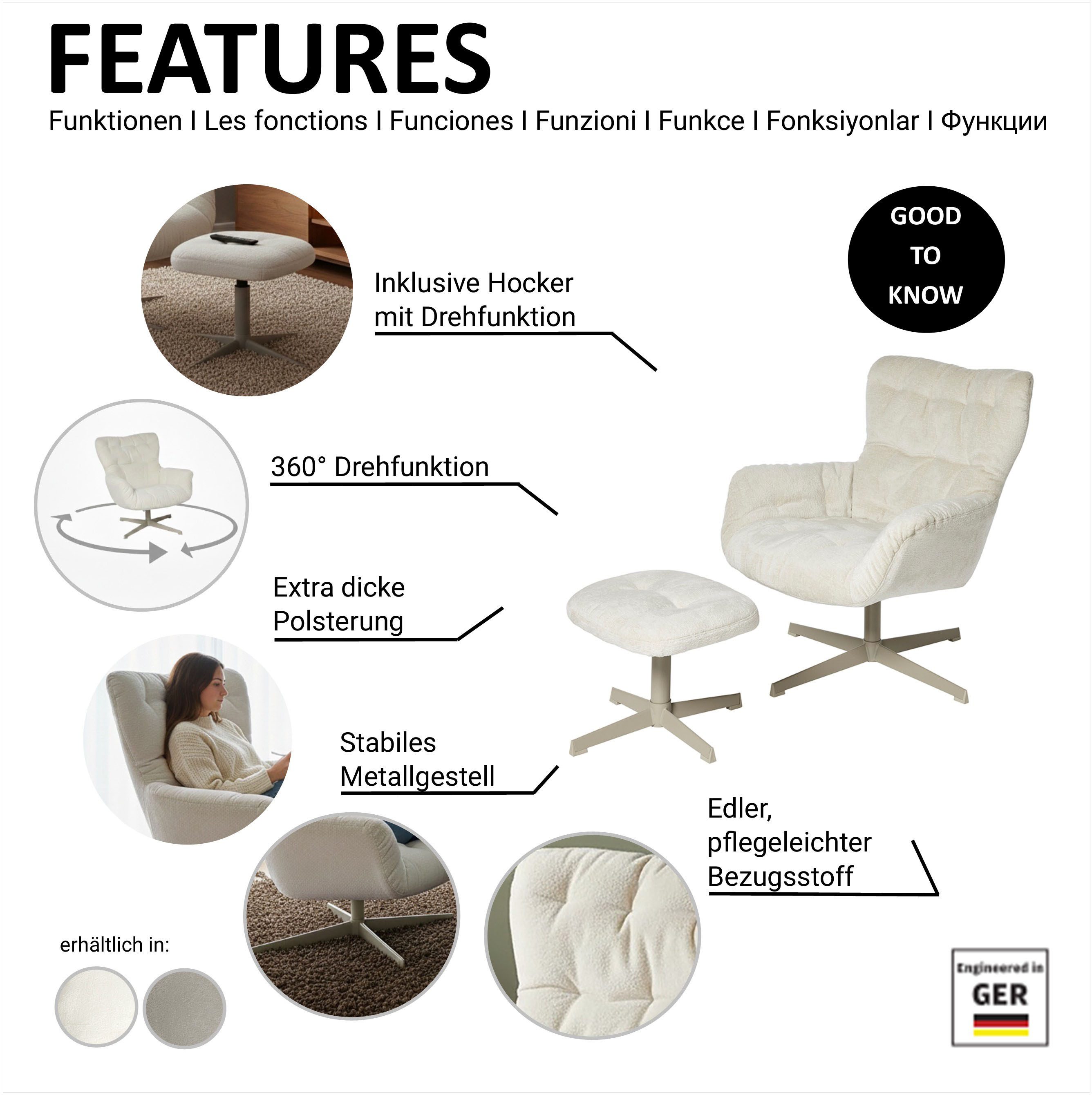 Jahnke Sessel LOUNGE COSY TWIST PLUS, Loungesessel inkl. Hocker, bequeme Polsterung & Armlehnen, drehbar