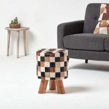 Homescapes Fußhocker Hocker aus Leder echtes Ziegenfell Holzfüße 32 Rund