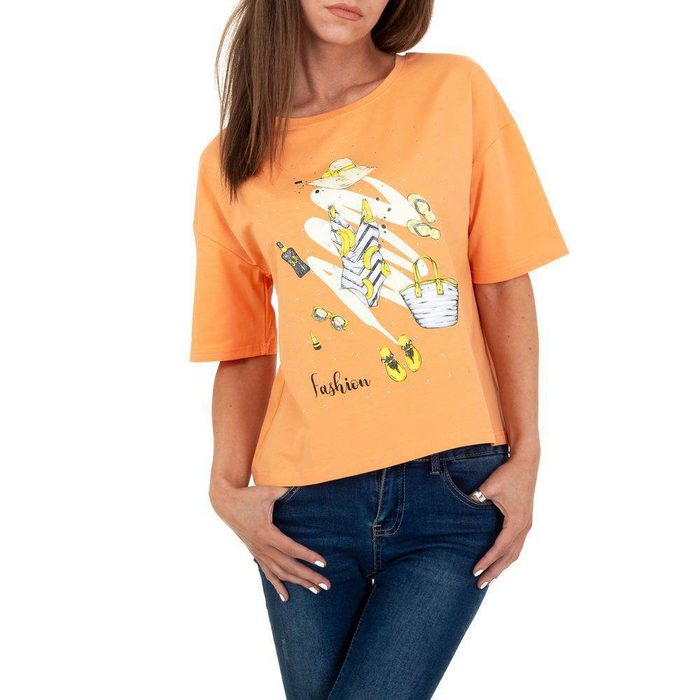 Ital-Design T-Shirt Damen Freizeit Strass Print T-Shirt in Orange