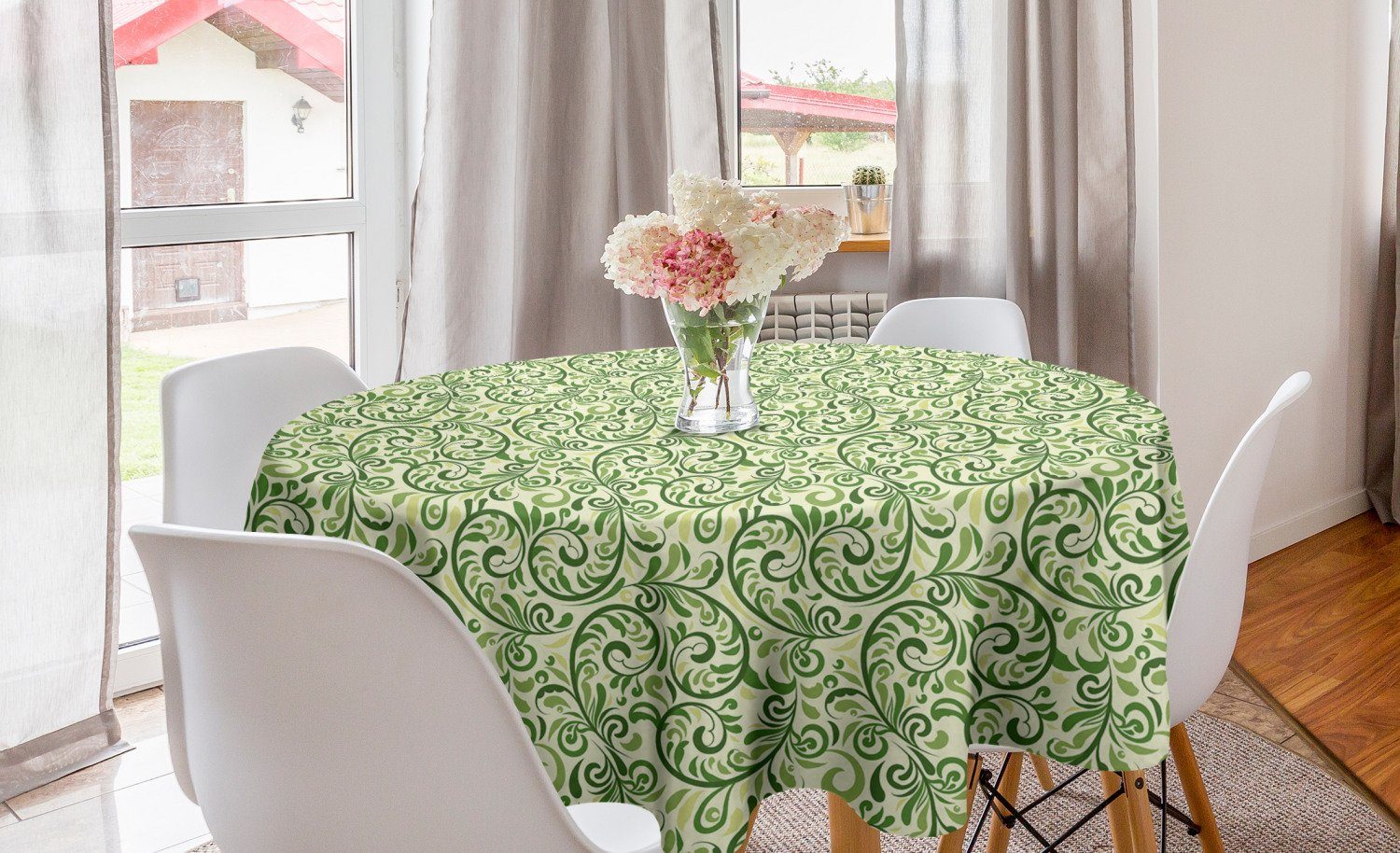 Abakuhaus Tischdecke Kreis Tischdecke Abdeckung für Esszimmer Küche Dekoration, Grün Curly Aufwändiger Blatt Damast