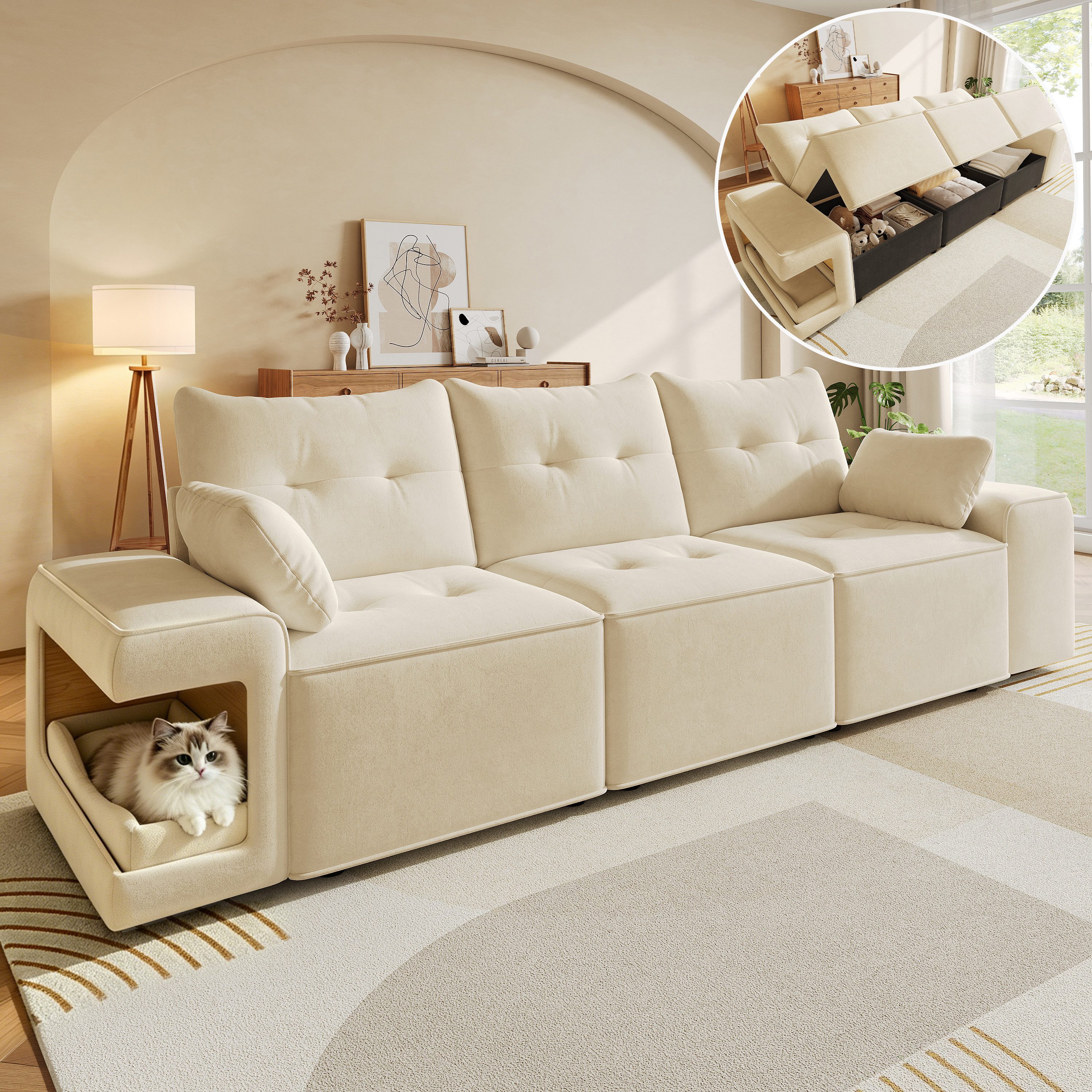 Merax 3-Sitzer Modular Cloud Sofa mit Stauraum, Samtbezug, 1 Teile, Groß Sofa mit breiten Armlehnen,Haustierbereich & verstecktem Stauraum