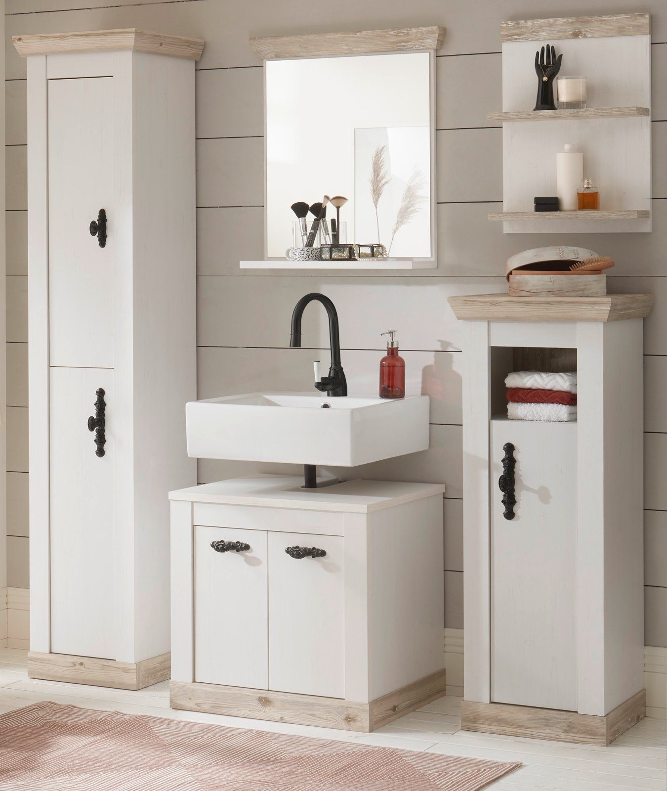 Furn.Design Badmöbel-Set Rovola, (in Pinie weiß mit Oslo Pinie, 5-St., 184 x 200 cm), Landhausstil