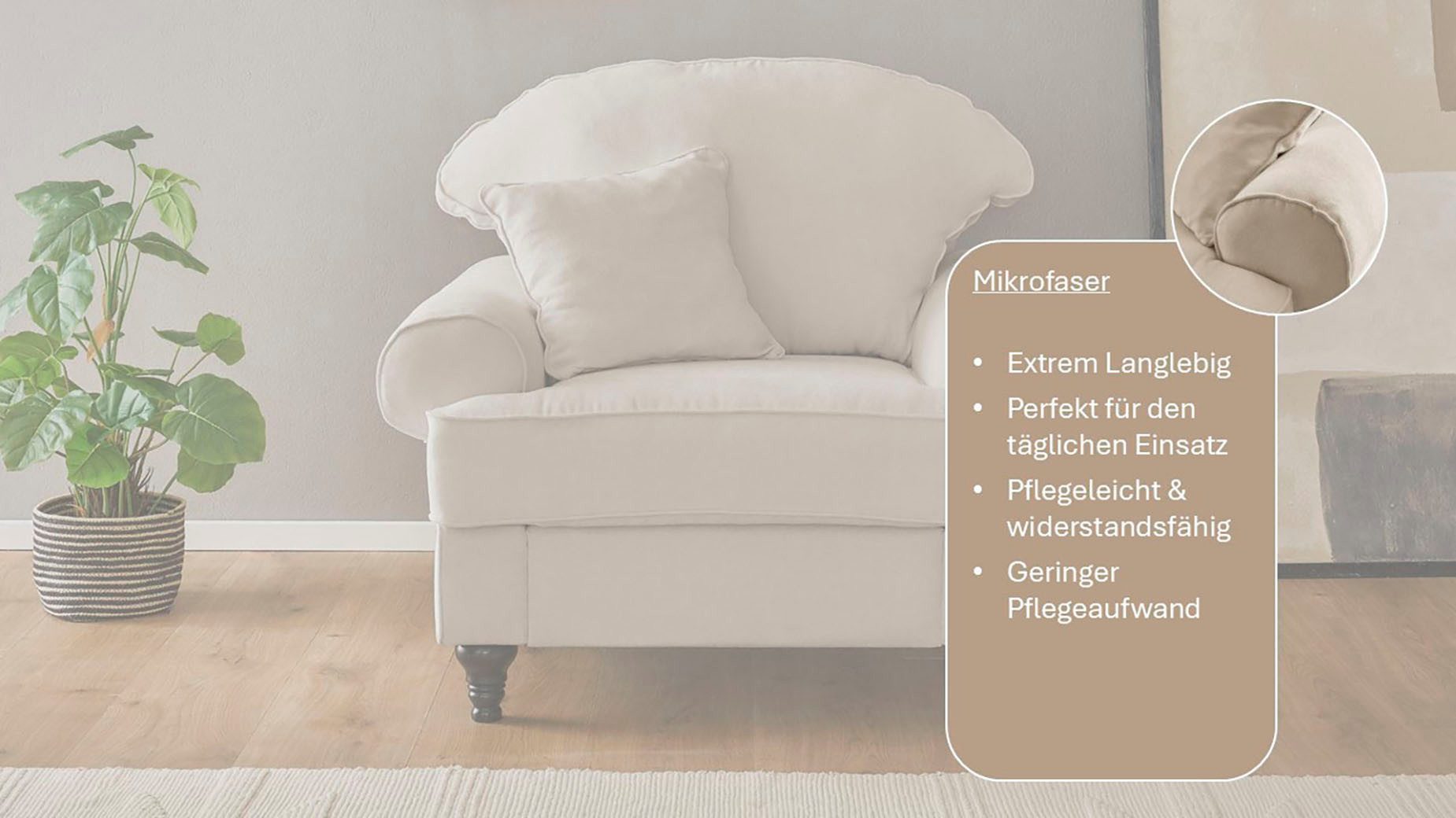 OTTO home Sessel Westminster mit hochwertigem Microfaserbezug, in 5 Farben verfügbar, Federkern-Polsterung, gedrechselter Fuß, inkl. Zierkissen – Bild 4 von 5