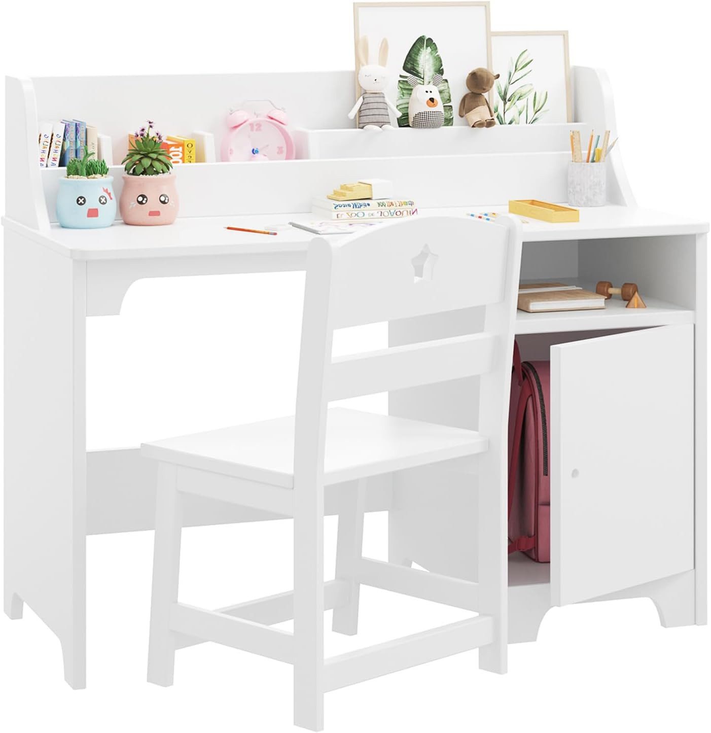 GarveeMore Kinderschreibtisch mit Aufsatz und Ablagefach,hölzerner schreibtisch,Schülerschreibtisch, Computertisch Mit Ablagefächern 93x42x78cm