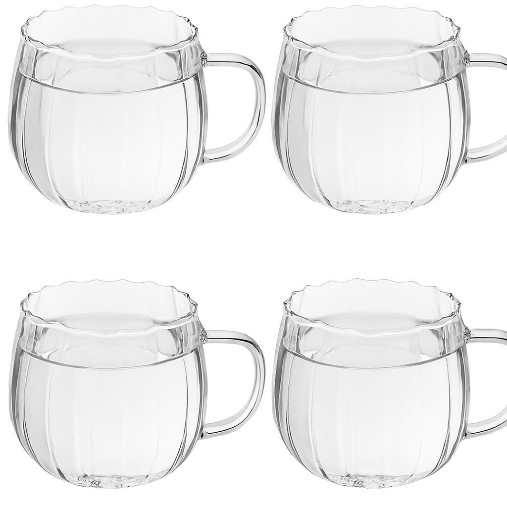Bossjoy Tasse 4er Set Glas-Kaffeetassen 350 ml in Kürbisform mit Griff transparent, 4-tlg., Glas, Ergonomischer Griff, hitzebeständig, transparent