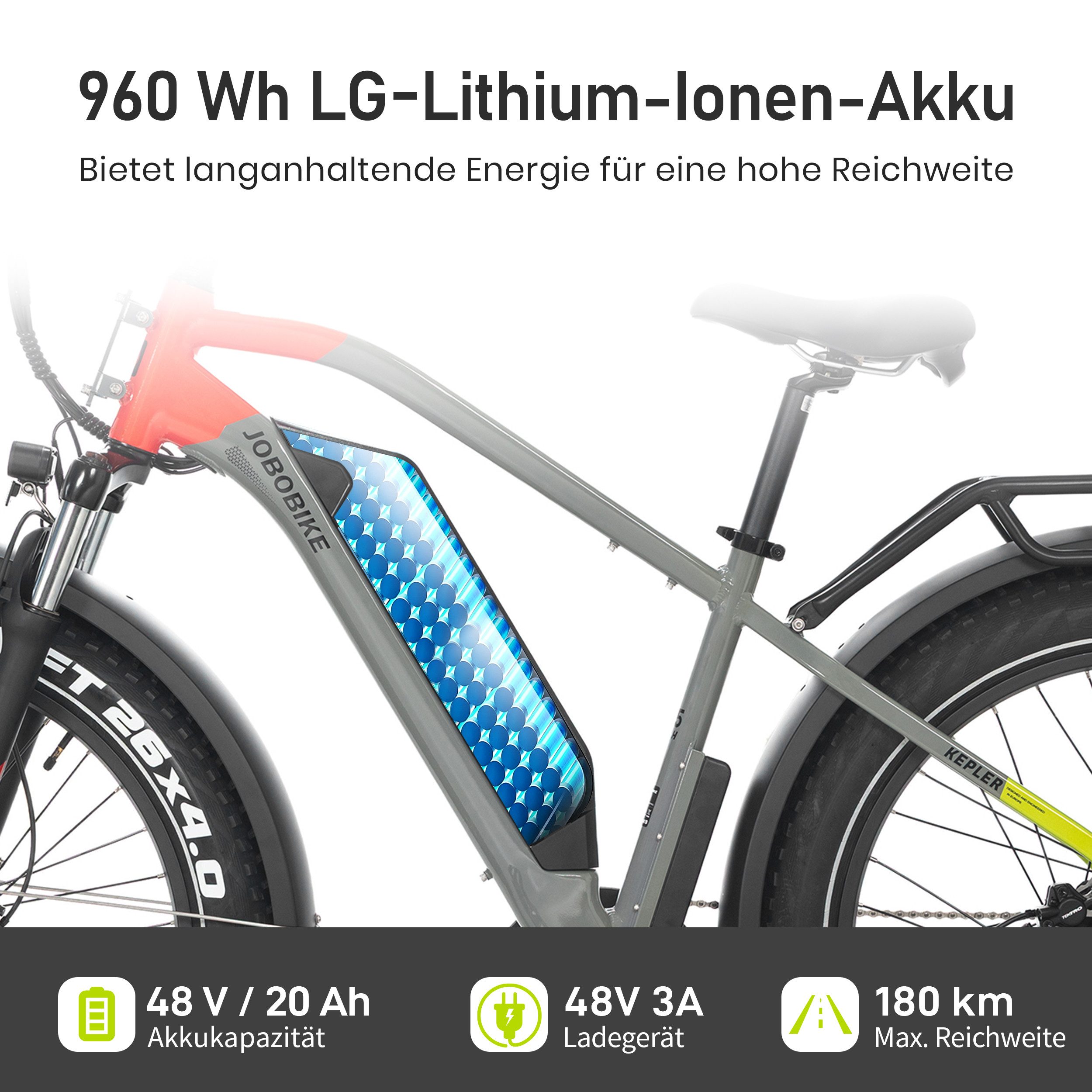 JOBOBIKE E-Bike Mountainbike 26×4 Zoll, Kepler, 48V 960Wh, 180km, Bremslicht- und Blinkerfunktion, 7 Gang Shimano, Kettenschaltung, Heckmotor, 960 Wh, (für Stad – Bild 5 von 5