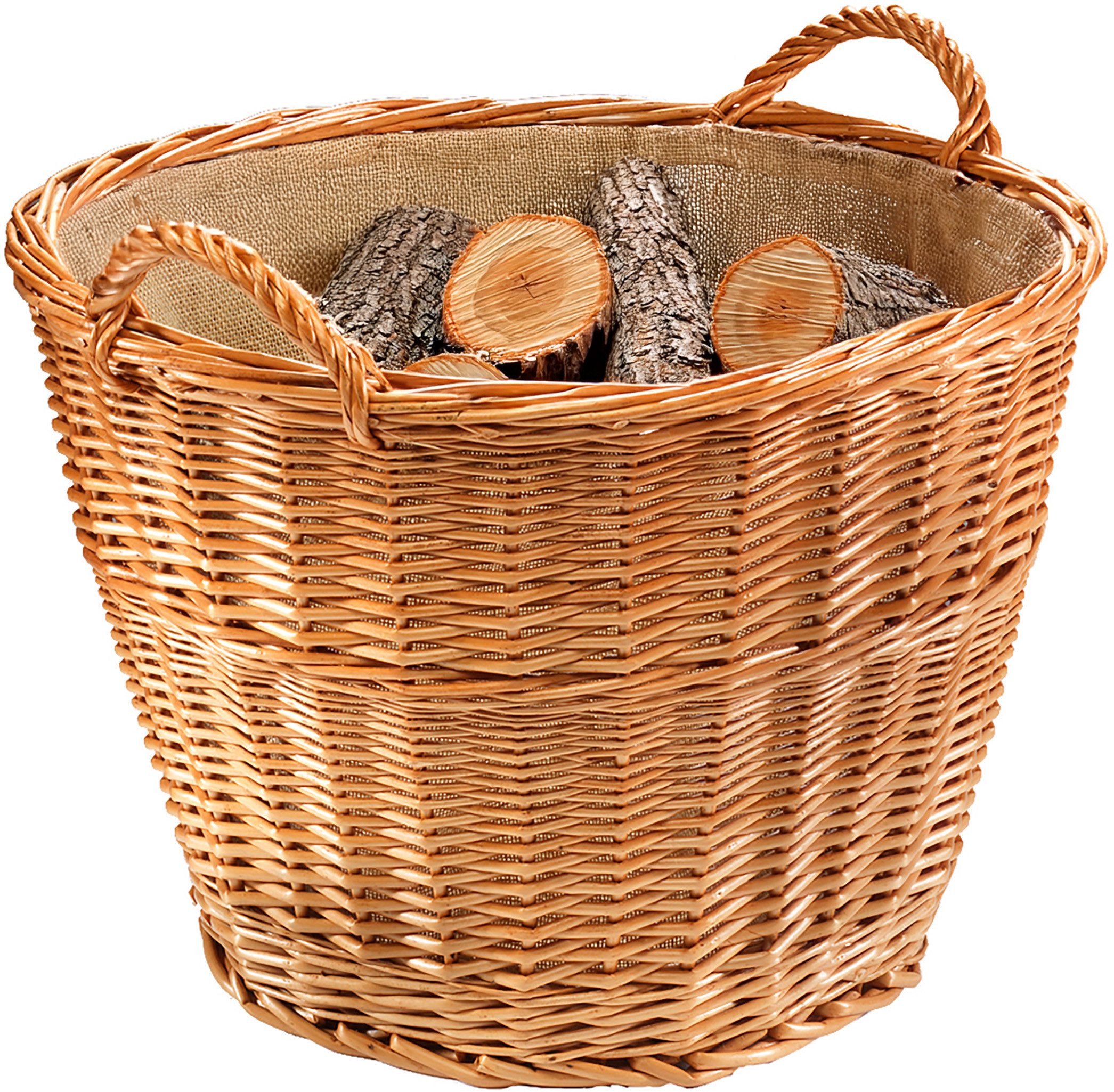 Kobolo Kaminholzkorb Holztrage rund gekochte Weide mit Leinenstoff günstig online kaufen