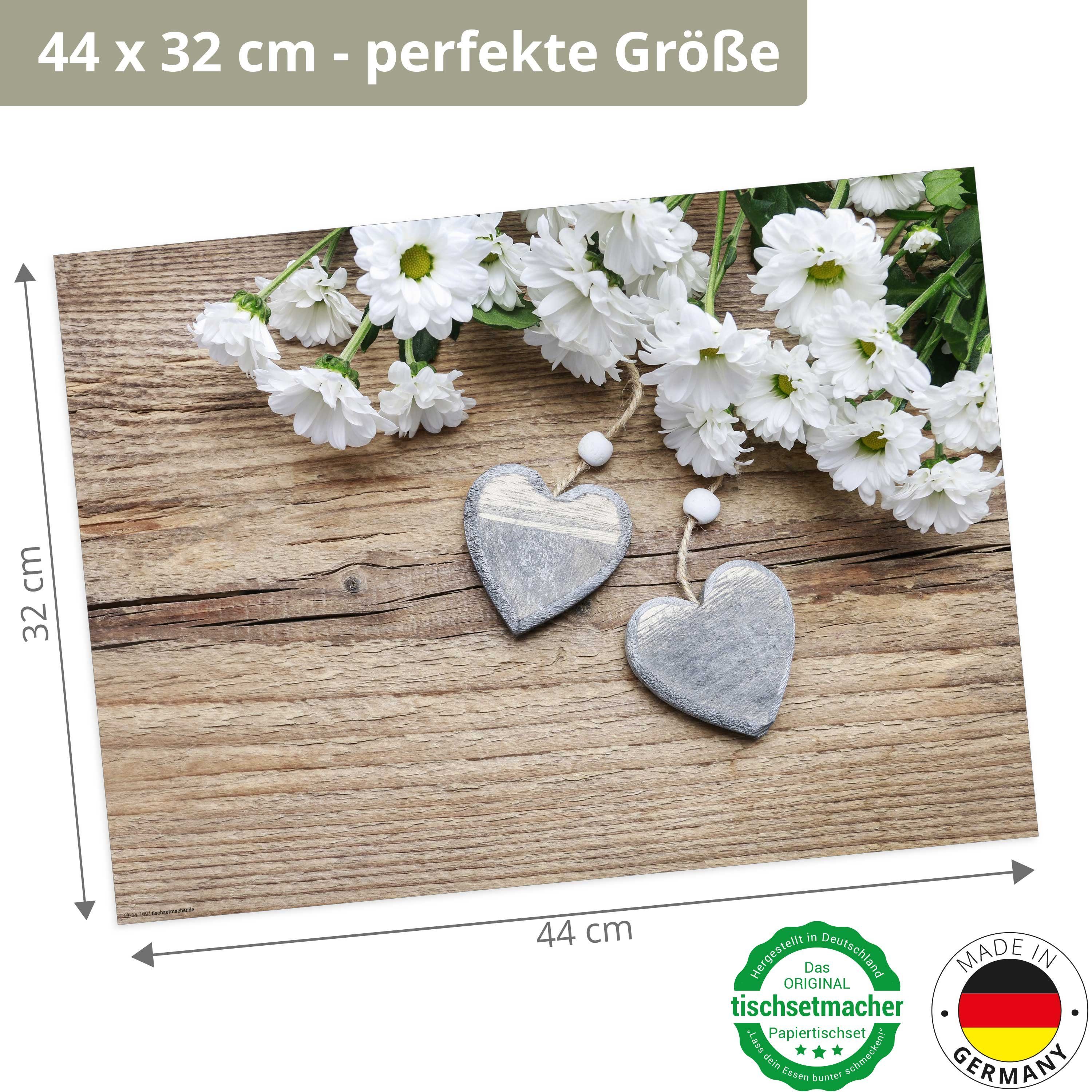Tischsetmacher Platzset Tischset Frühling, Ostern & Blumen - Weiße Blumen mit Herzen, (aus Naturpapier in Aufbewahrungsmappe für tolles Ambiente, 12-St., 44 x 32 cm / weiß), Tischdeko Made in Germany