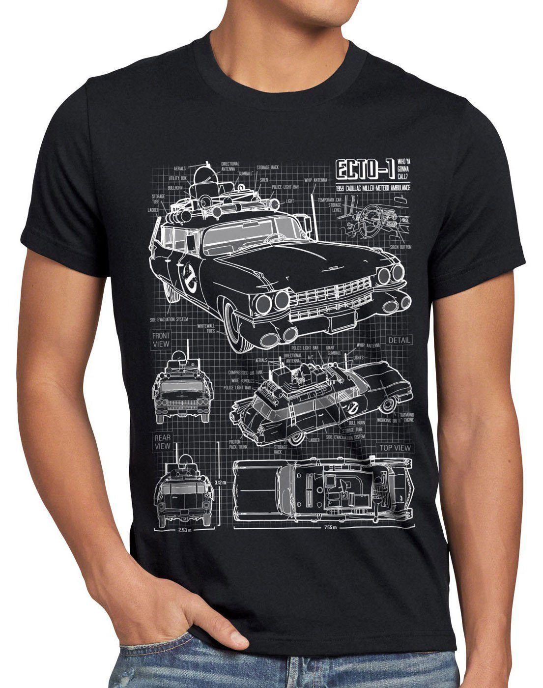 style3 Print-Shirt Herren T-Shirt ECTO-1 Blaupause busters geisterjäger ghost slimer geist auto car schwarz
