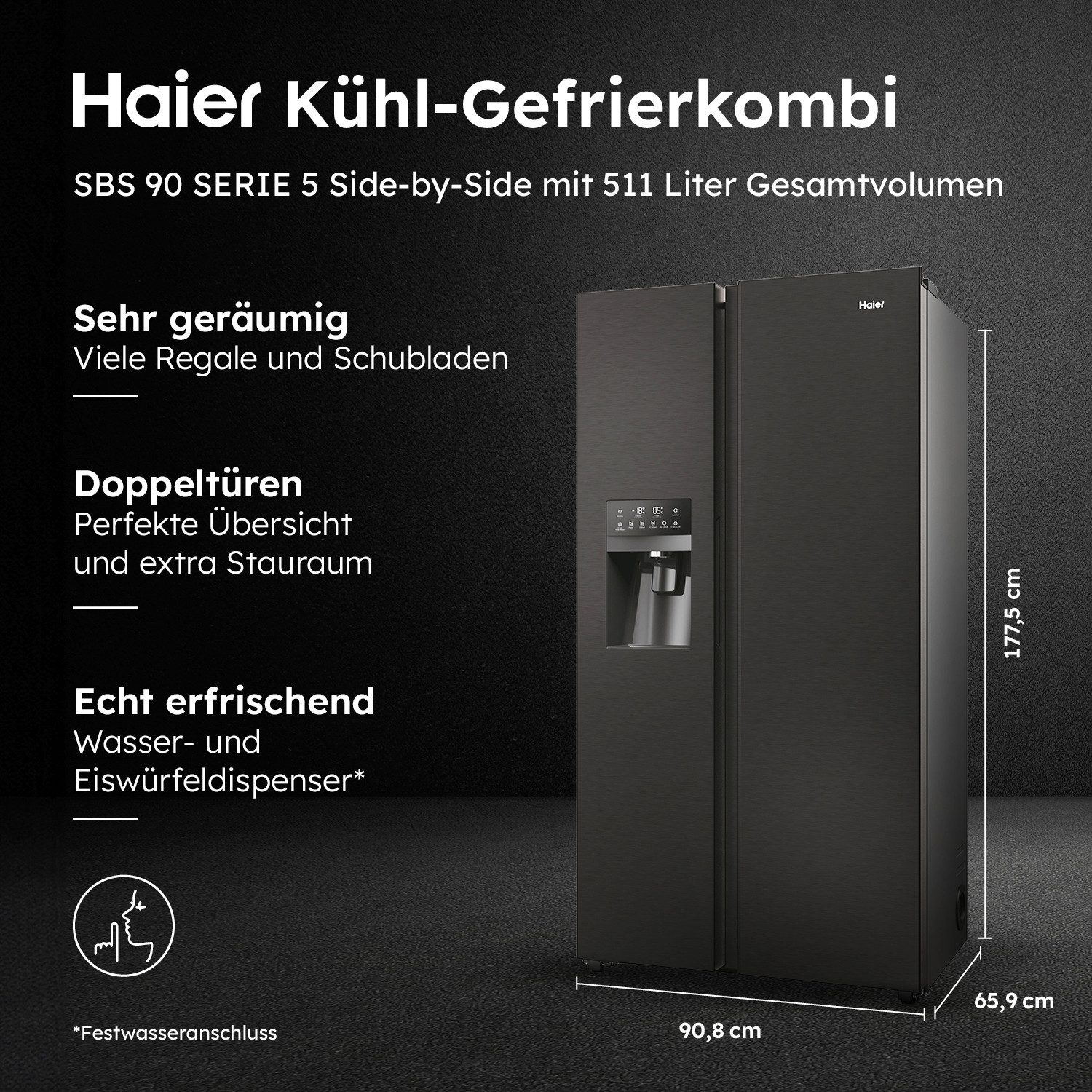 Haier Side-by-Side SBS 90 Series 5 HSR5918DIPB, 177,5 cm hoch, 90,8 cm breit, 178 cm hoch, 91 cm breit, Nutzinhalt: 511 Liter, Multi Airflow