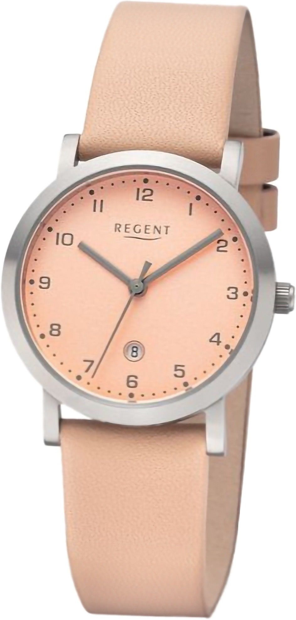 Regent Quarzuhr Regent Damen Armbanduhr Analog, Damenuhr Lederarmband hellrosa, rundes Gehäuse, extra groß (ca. 30mm)