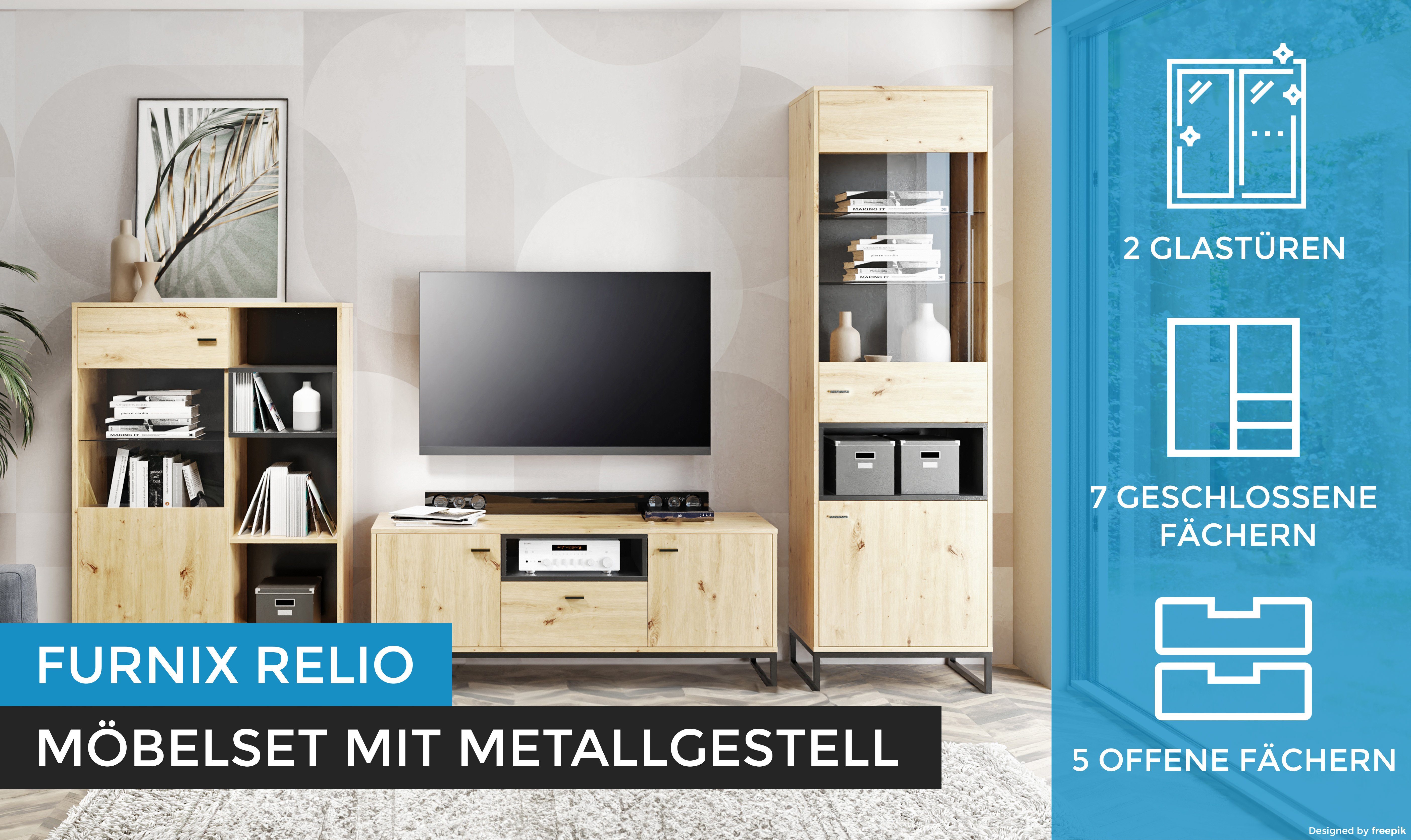 Furnix Mediawand H202 TV-Schrank, x x RELIO Möbelset mit Artisan/Schwarz 1 B285 Metallgestell Standvitrine, cm 3-teiliges Highboard), T40 (Set 3-teilig