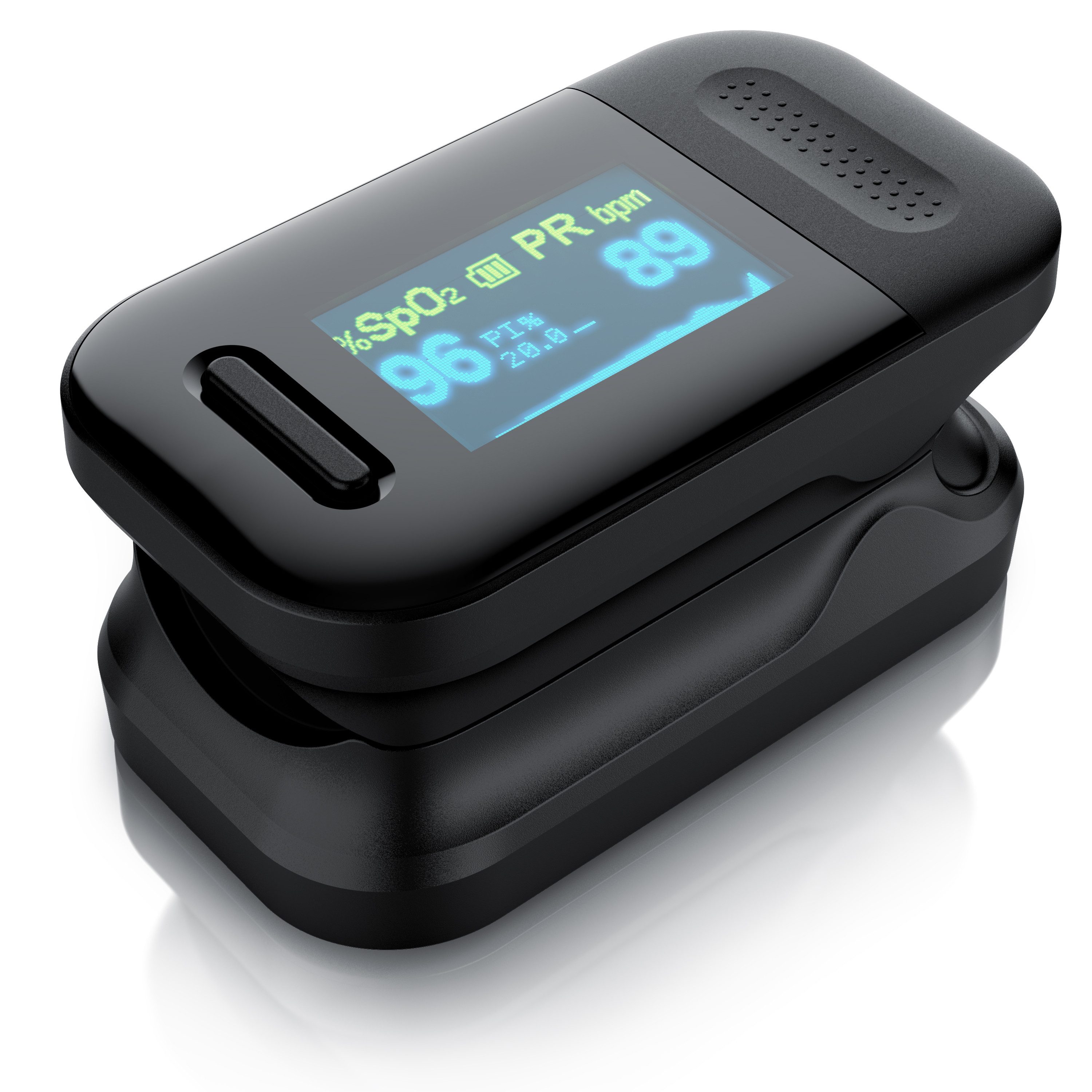 Medicinalis Pulsoximeter Finger Sauerstoffmessgerät mit Alarm, OLED-Display, SpO2 & Puls, Perfusionsindex, einstellbare Grenzwerte, inkl. Trageband & Batterien