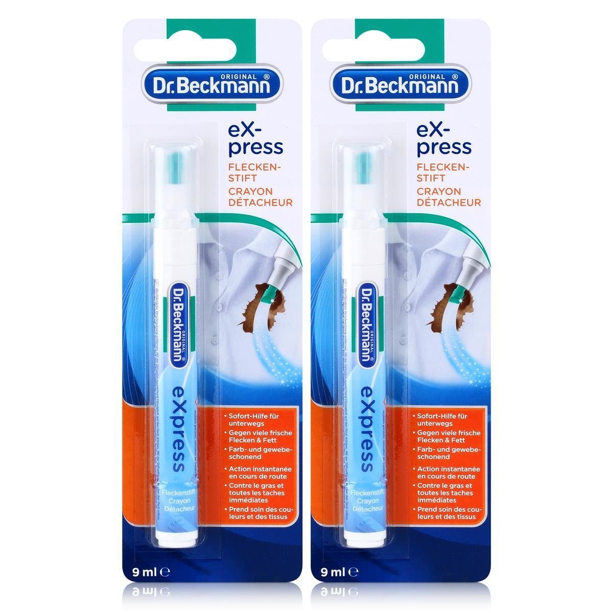 Dr. Beckmann 2x Dr. Beckmann express Fleckenstift 9 ml - Soforthilfe für Unterwegs Fleckentferner