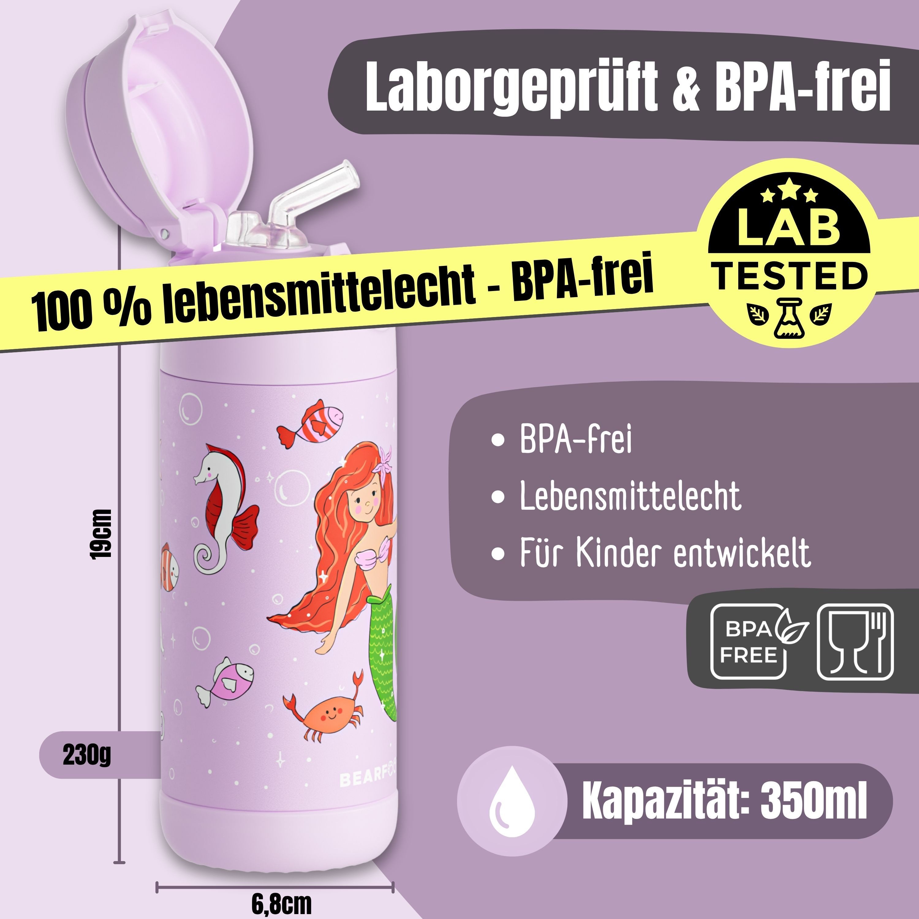 BEARFOOT Trinkflasche Thermo Kinder Trinkflasche Edelstahl - Meerjungfrau lila, Thermosflasche, auslaufsicher, Edelstahl, Kinderflasche, BPA-frei – Bild 5 von 5