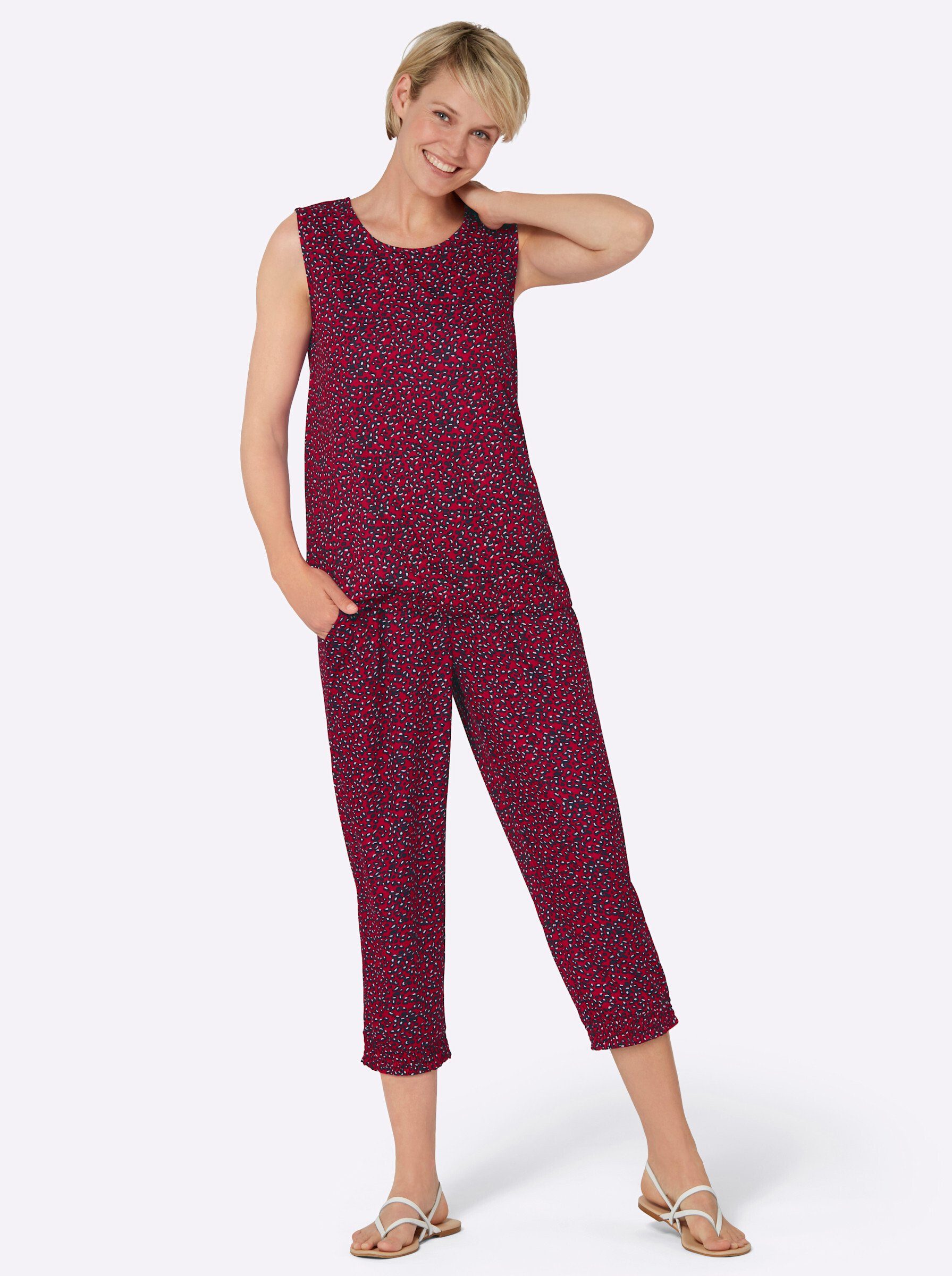 66 Sieh ca. Länge 3/4-Hose Jumpsuit cm Innenbeinlänge rot-weiß-bedruckt cm, 55 Top ca. an!