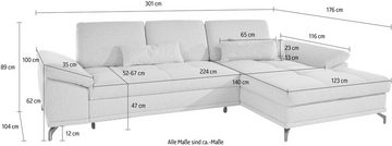 Places of Style Ecksofa Costello L-Form, incl. Sitztiefenverstellung und Armlehnfunktion, incl. 3 Nierenkissen