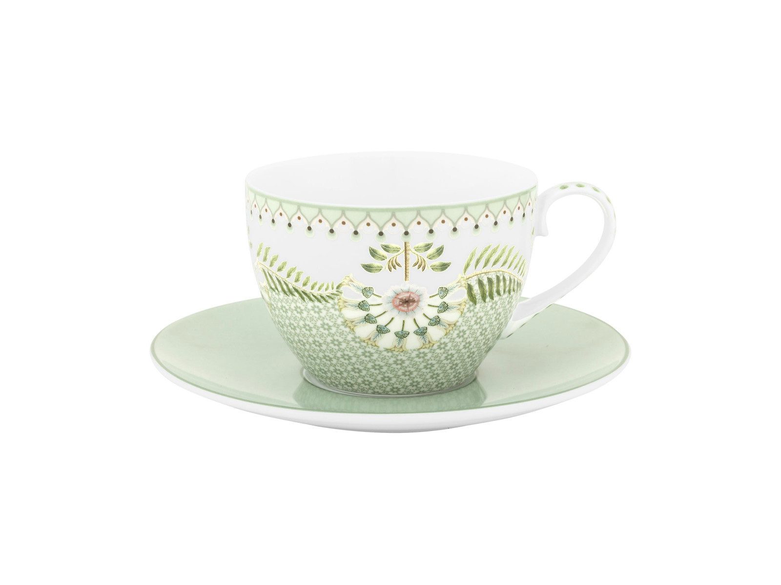 PiP Studio Tasse Lily&Lotus Tiles Light Green Tasse mit Untertasse 280ml, Porzellan