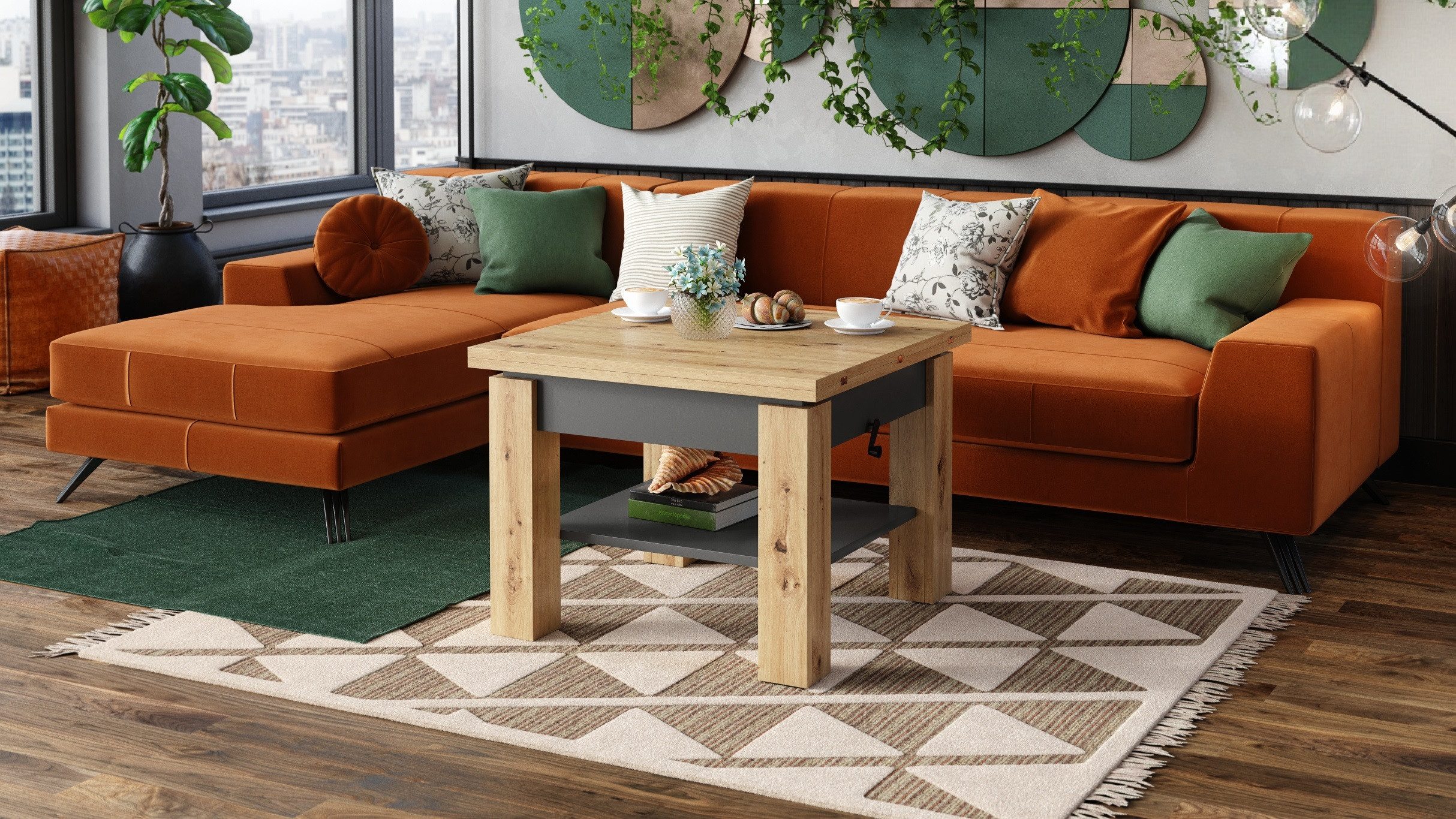 designimpex Couchtisch Design Cleo stufenlos höhenverstellbar aufklappbar Esstisch