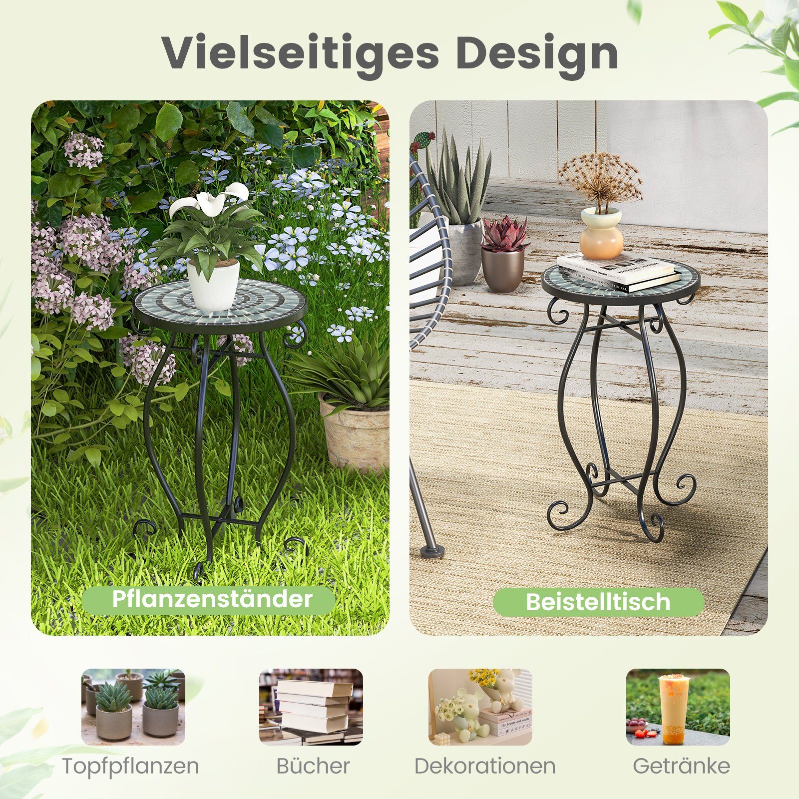 COSTWAY Gartentisch, Mosaiktisch rund aus Metall & Keramik, ∅30x50cm