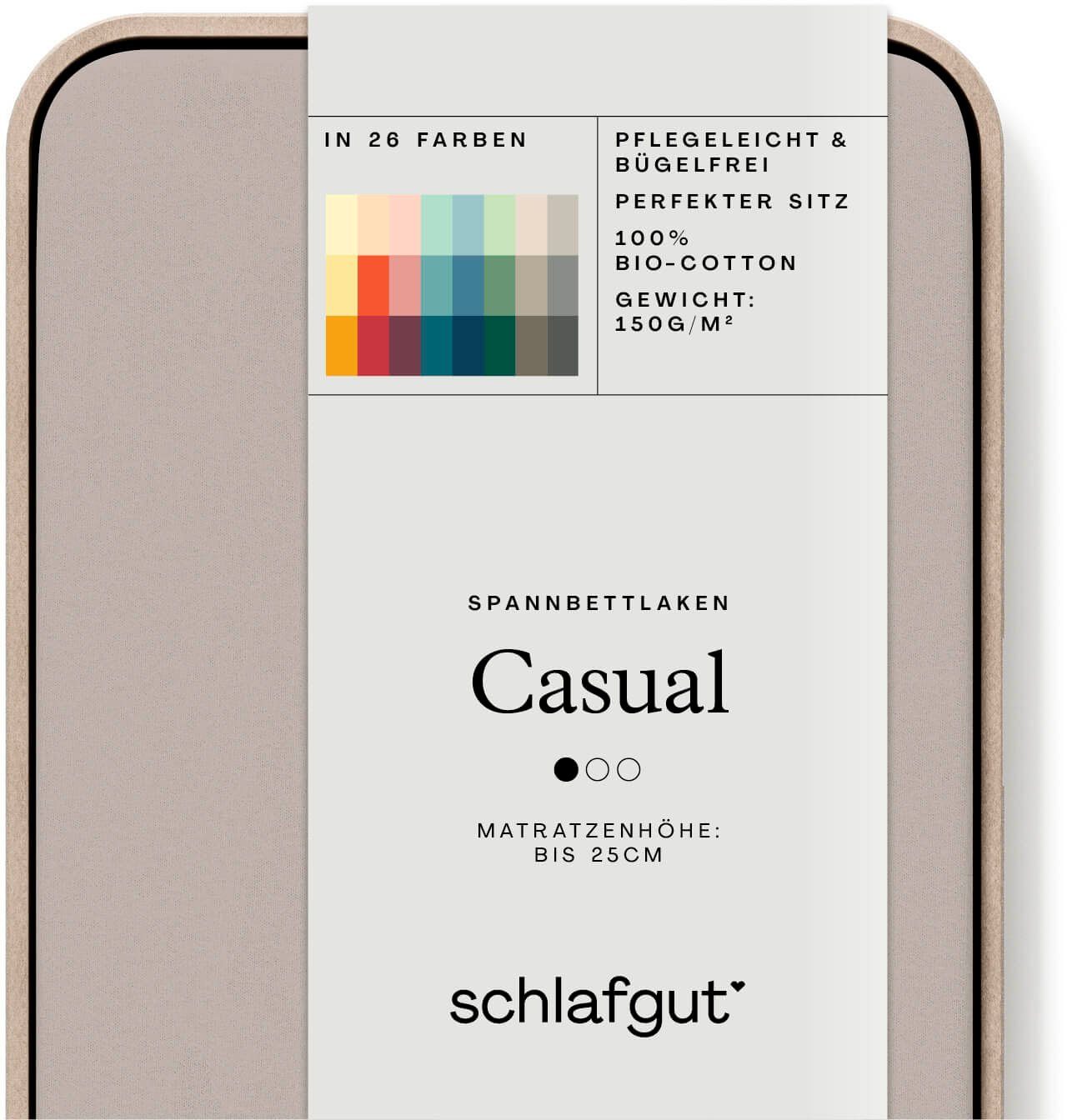 Schlafgut Spannbettlaken CASUAL Bettlaken 100% gekämmte Bio-Baumwolle, 150 g/m², Spannbetttuch, Jersey, Gummizug: rundum, (1 Stück), Bettlaken bis 25 cm Höhe, langlebig, weich, Antipilling-Ausrüstung