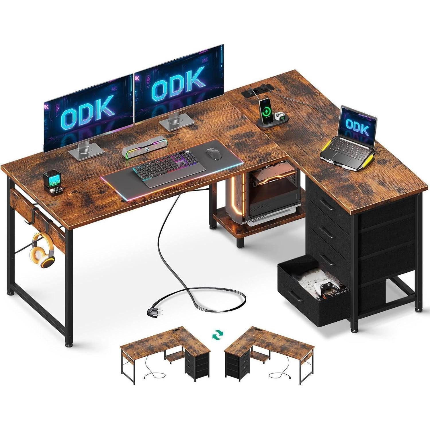 LuxusKollektion Eckschreibtisch Eckschreibtisch L Form mit Schubladen und Steckdosen, Vintage-Braun