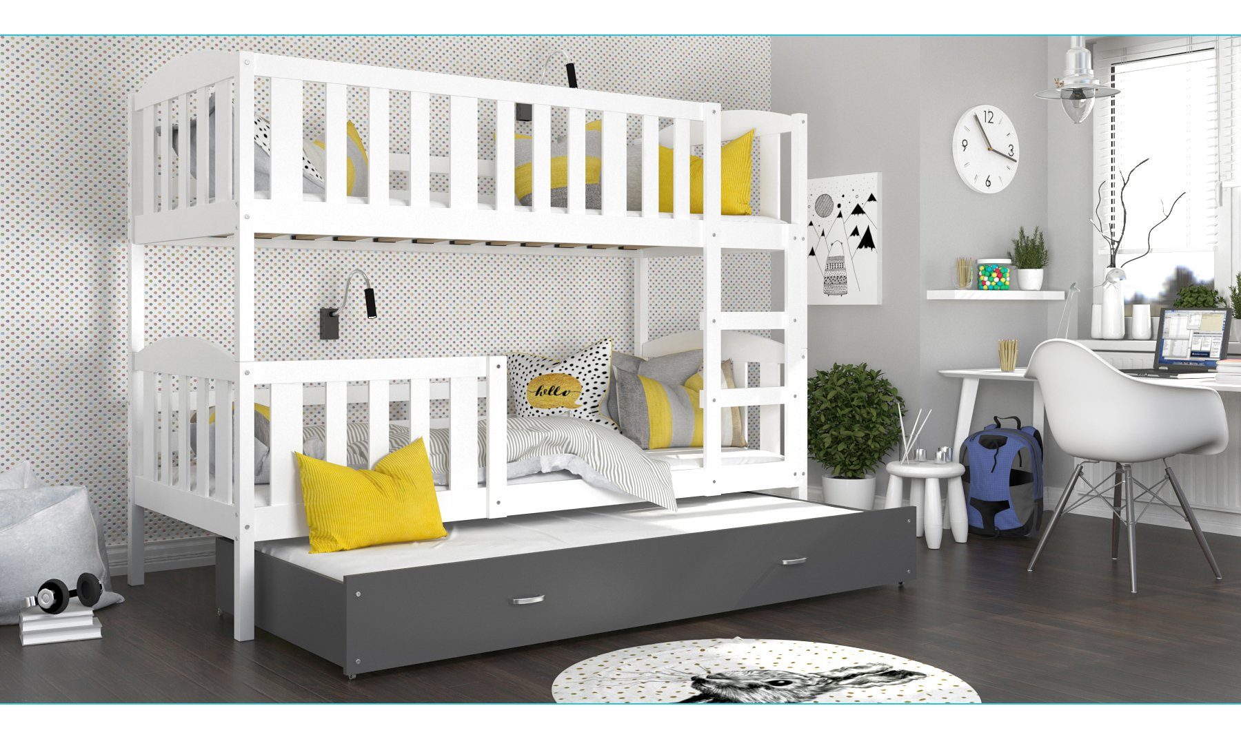 Siblo Kinderbett Rupert (Flexibler Lattenrost, Bett Schublade, Sicherheitsbarriere, Schaummatratzen), Massivholz, Möbelplatte Weiß und Grau