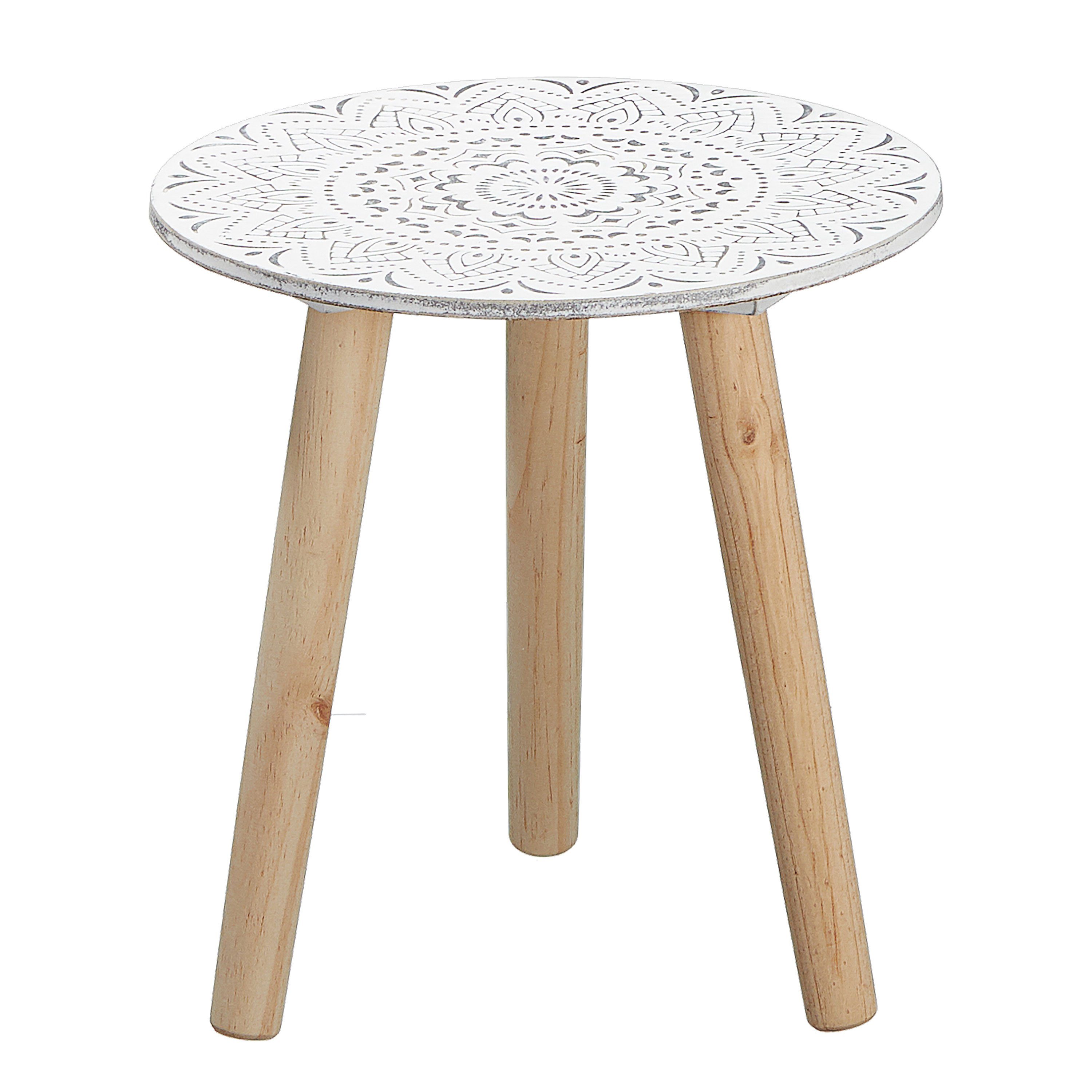 Beistelltisch Beistellisch Platte 30x29cm CEPEWA Holztisch dreibeinig weiß Mandala-Design