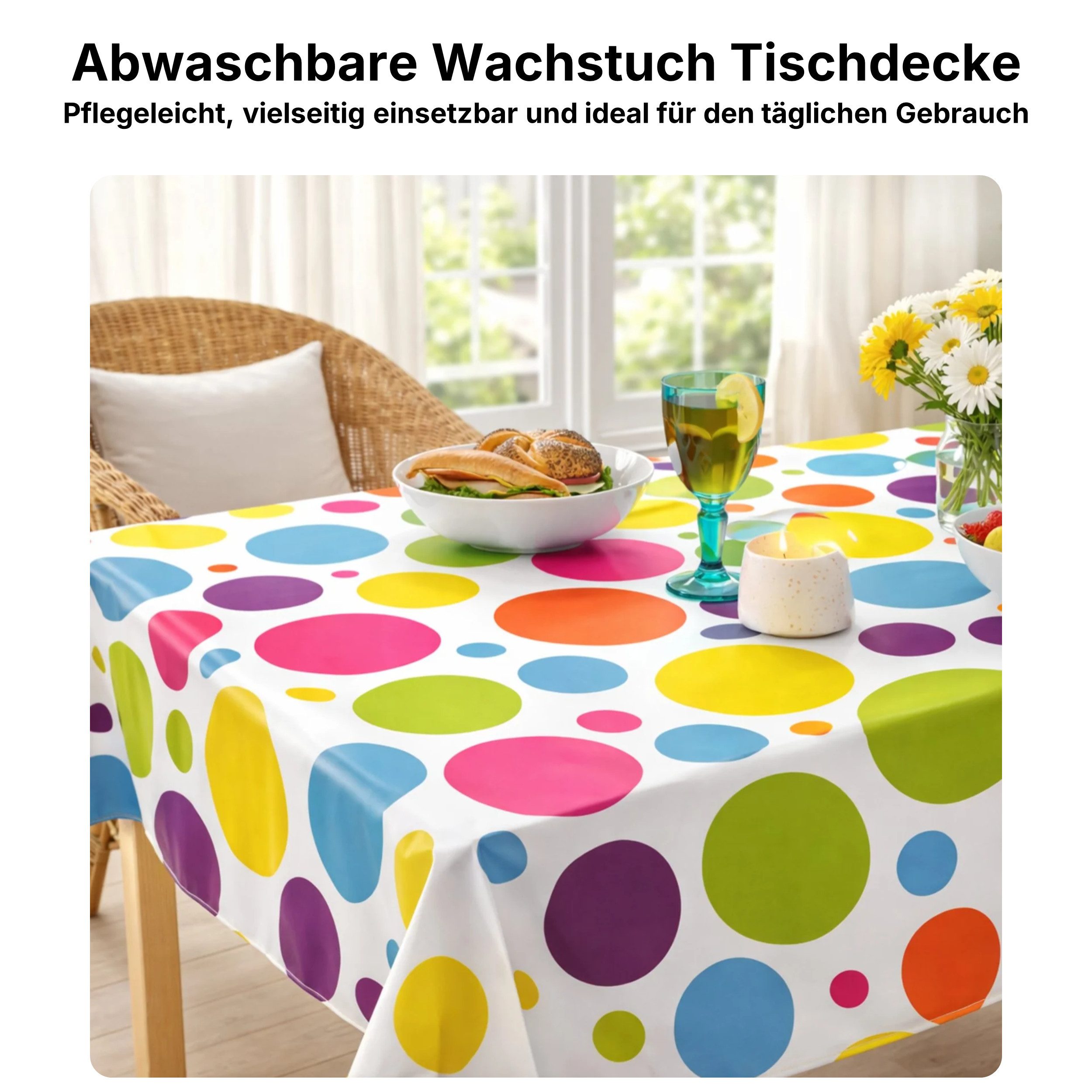 Melody Gartentischdecke Wachstuch Tischdecke Punkte bunt groß abwaschbar eckig rund oval, bedruckt, abwischbar, wasserfest, fleckschutz