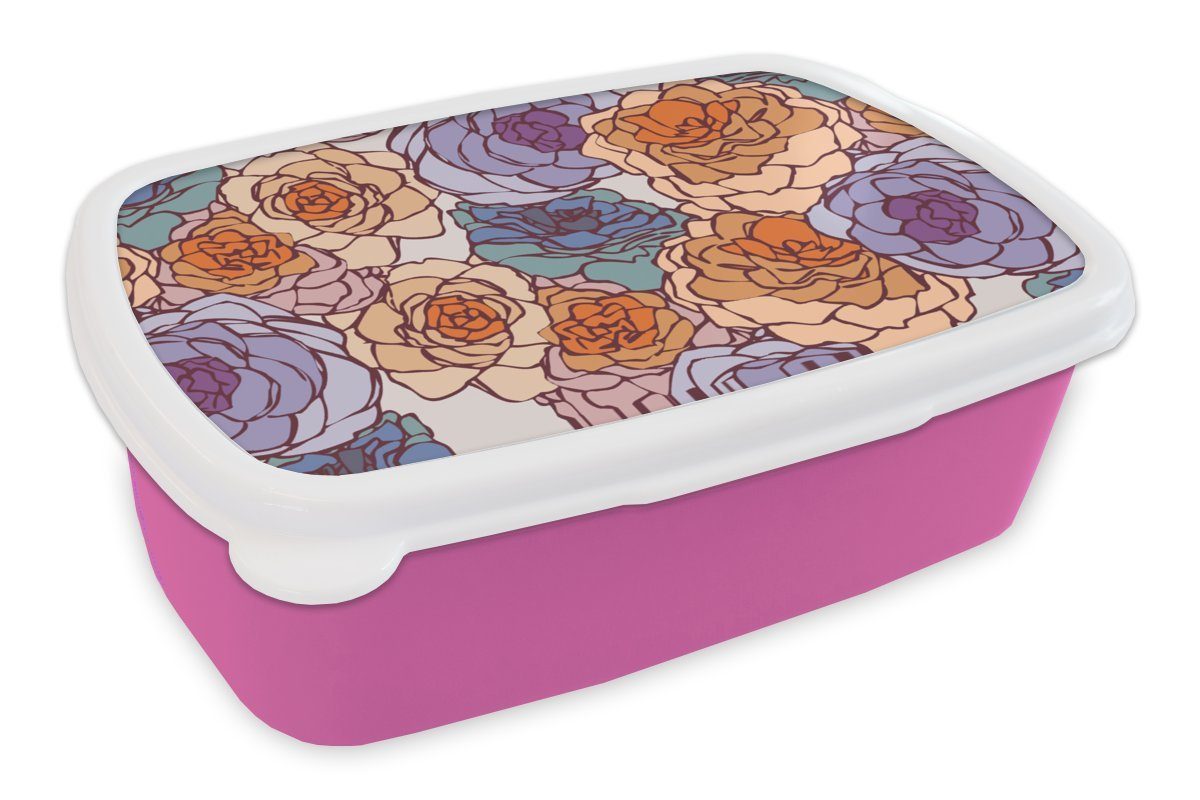 MuchoWow Lunchbox Karte - Blume - Jugendstil, Kunststoff, (2-tlg), Brotbox für Erwachsene, Brotdose Kinder, Snackbox, Mädchen, Kunststoff rosa