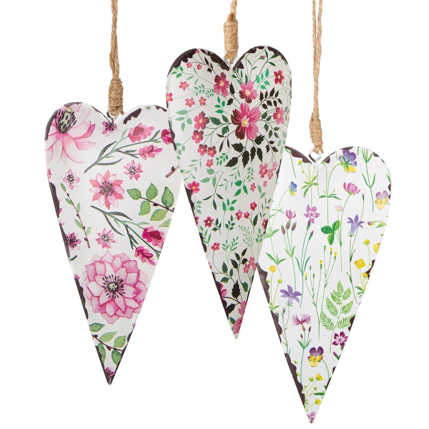 Logbuch-Verlag Dekofigur 3 Metallherzen zum Aufhängen - mit Blumenmuster beige rosa grün