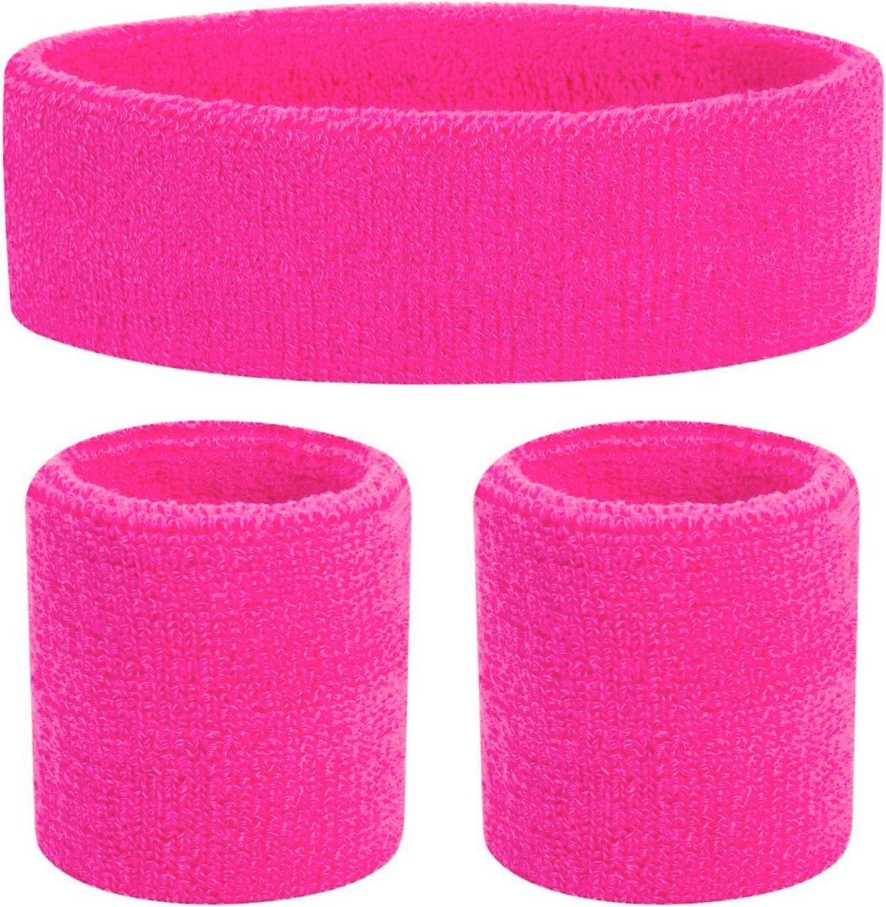 Kostümheld® Schweißband 2x 3 in 1 Schweißband Set pink - mit Stirnband - Retro Kostüm, Einheitsgröße