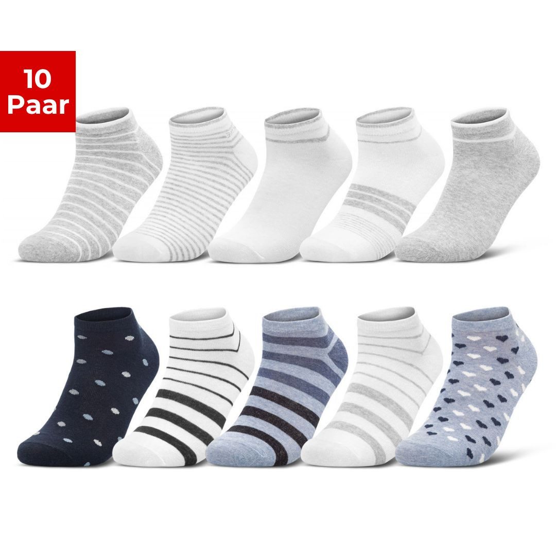 sockenkauf24 Sneakersocken 10 Paar Damen Sneaker Socken Mehrfarbig (35-38, 36832+36844/2) Streifen Punkte Herzen Maritim Baumwolle WP