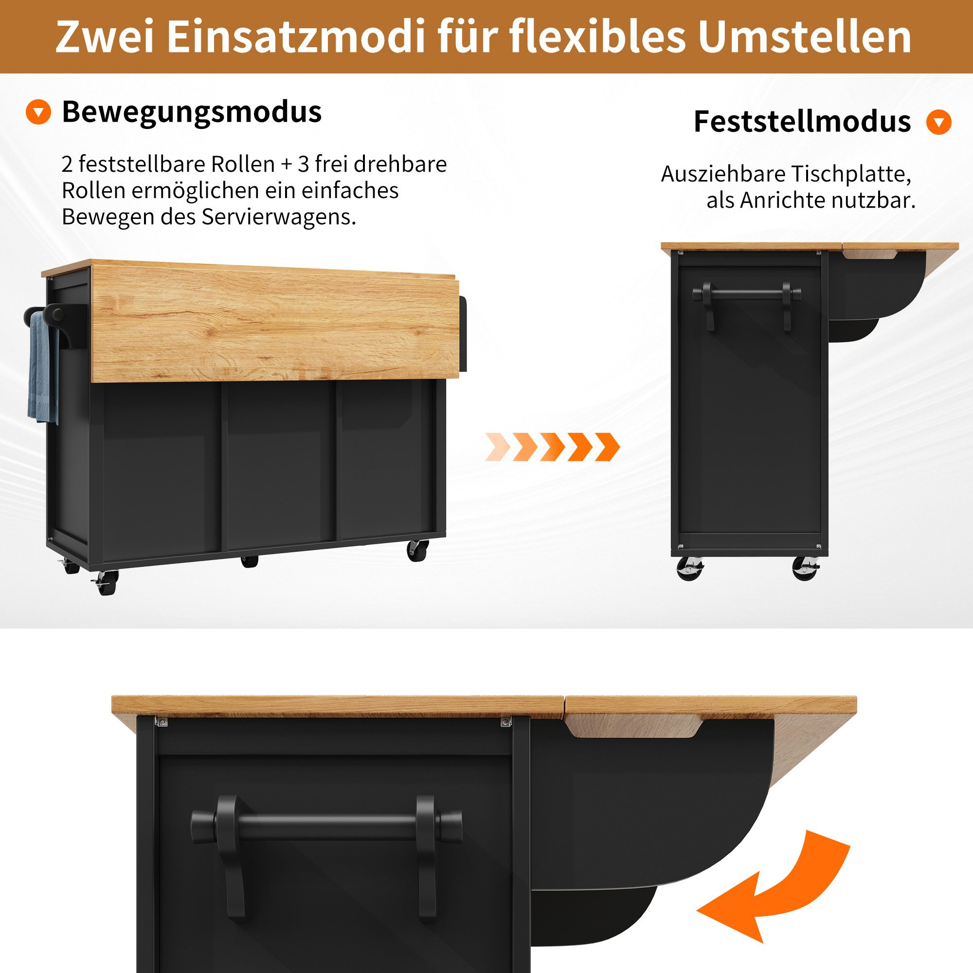 i@home Küchenwagen Kücheninsel, Buffetschrank,Küchenschrank, mit Handtuchhalter und Mehrzweckregal, weiß/schwarz