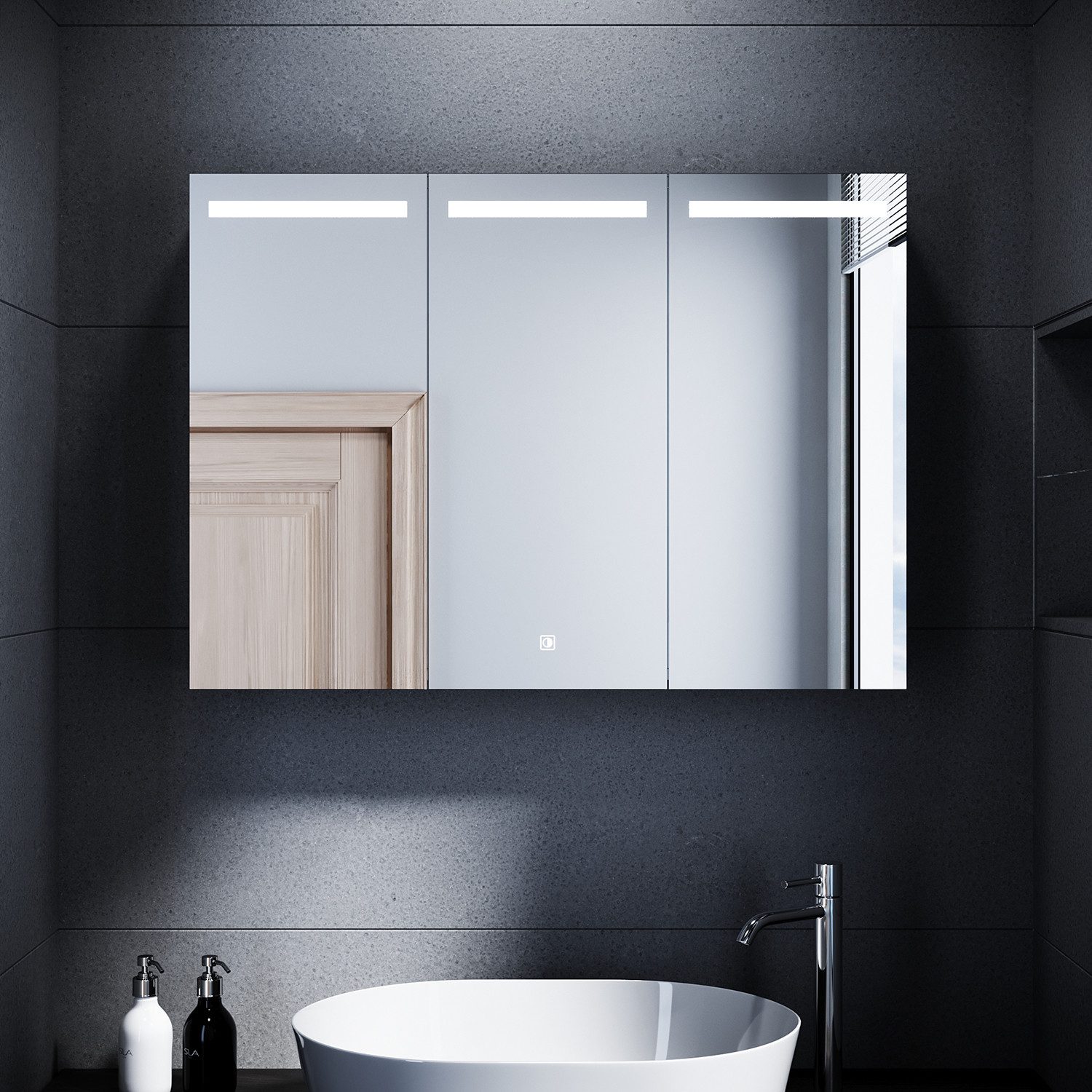 SONNI Spiegelschrank Spiegelschrank 3-türig bad mit led 90 cm breit Edelstahl mit Kippschalter, Steckdose, verstellbare Einlegeböden,IP44