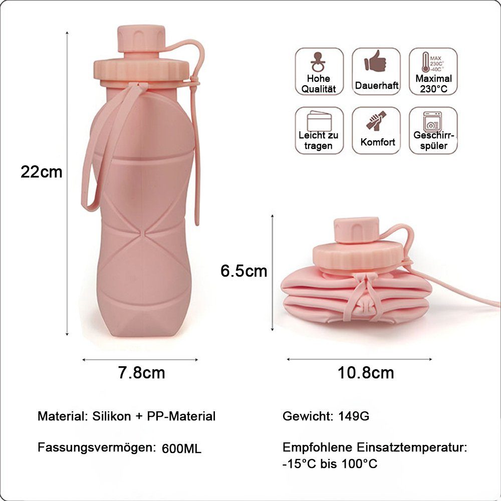 NUODWELL Trinkflasche Kollabierbare Sport BPA-Frei, Rosa Silikon-Wasserflaschen, Wasserflaschen