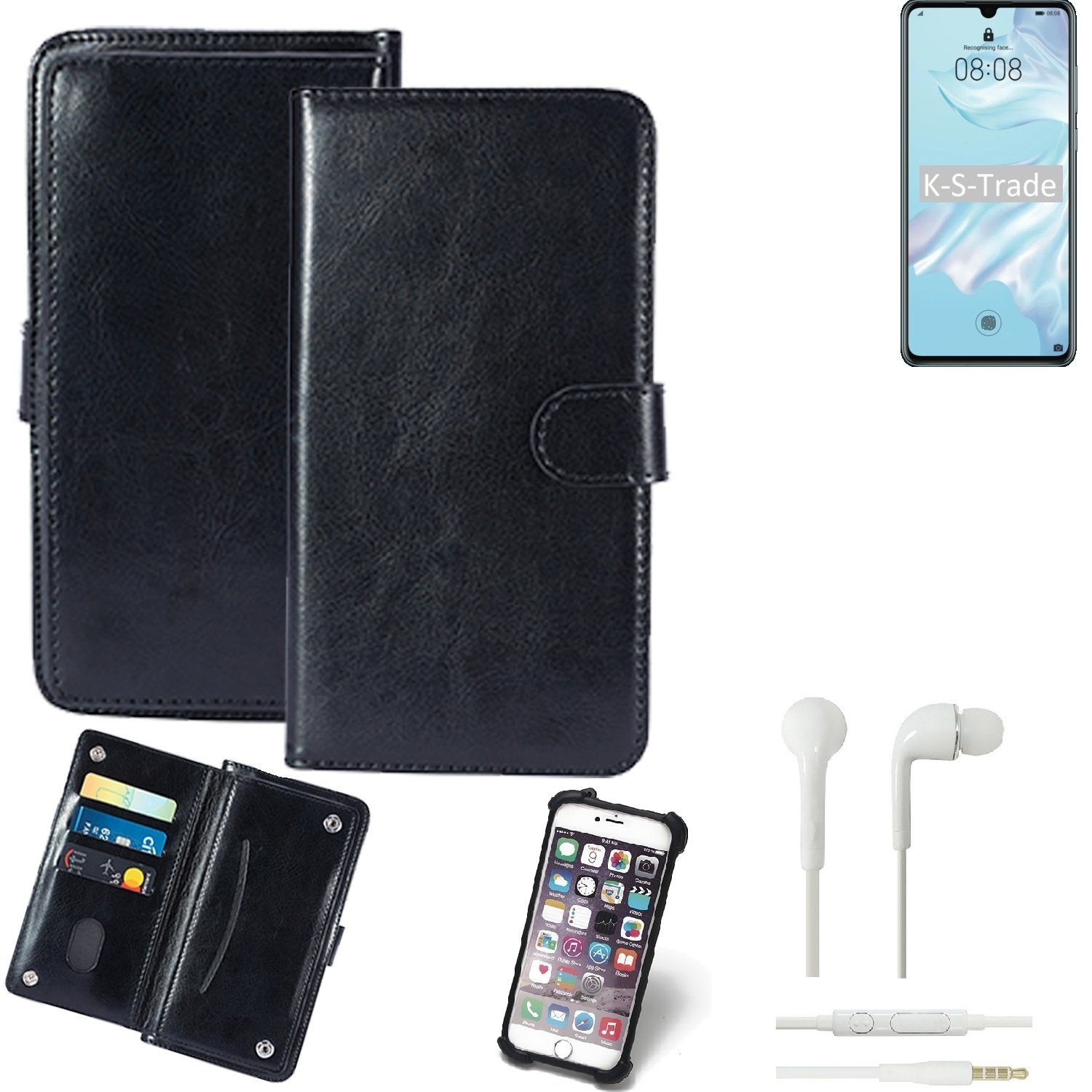 K-S-Trade Handyhülle für Huawei P30 Pro, 360° Hülle inkl. Headphones schwarz Kunstleder Case BookCase