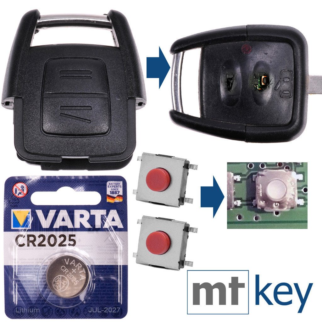 mt-key Auto Schlüssel Reparatur Gehäuse 2 Tasten + 2x Taster + VARTA CR2025 Knopfzelle, CR2025 (3 V), für Opel Astra G Zafira A Omega B Vetra B Funk Fernbedienung