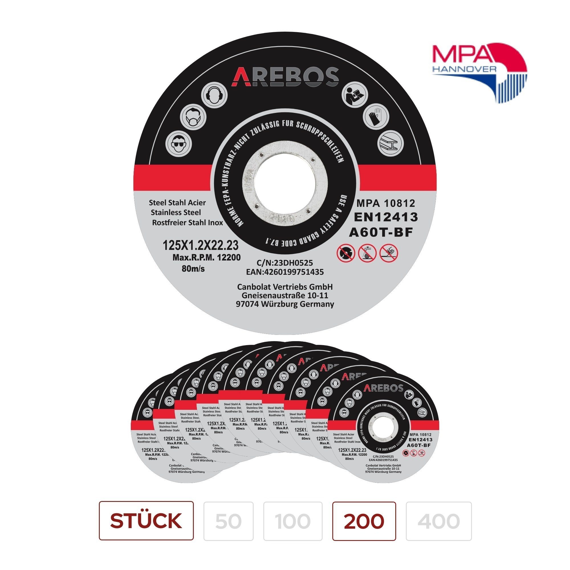 Arebos Trennscheibe Flexscheiben Schleifscheiben 1,2 mm x 22,23 mm, Ø 125 mm, (200-tlg)