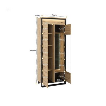 Compleo Vitrine LIMA, Loft Stil Schrank mit Glasregalen, mit Holzeinlegeböden 2-türig Standregal