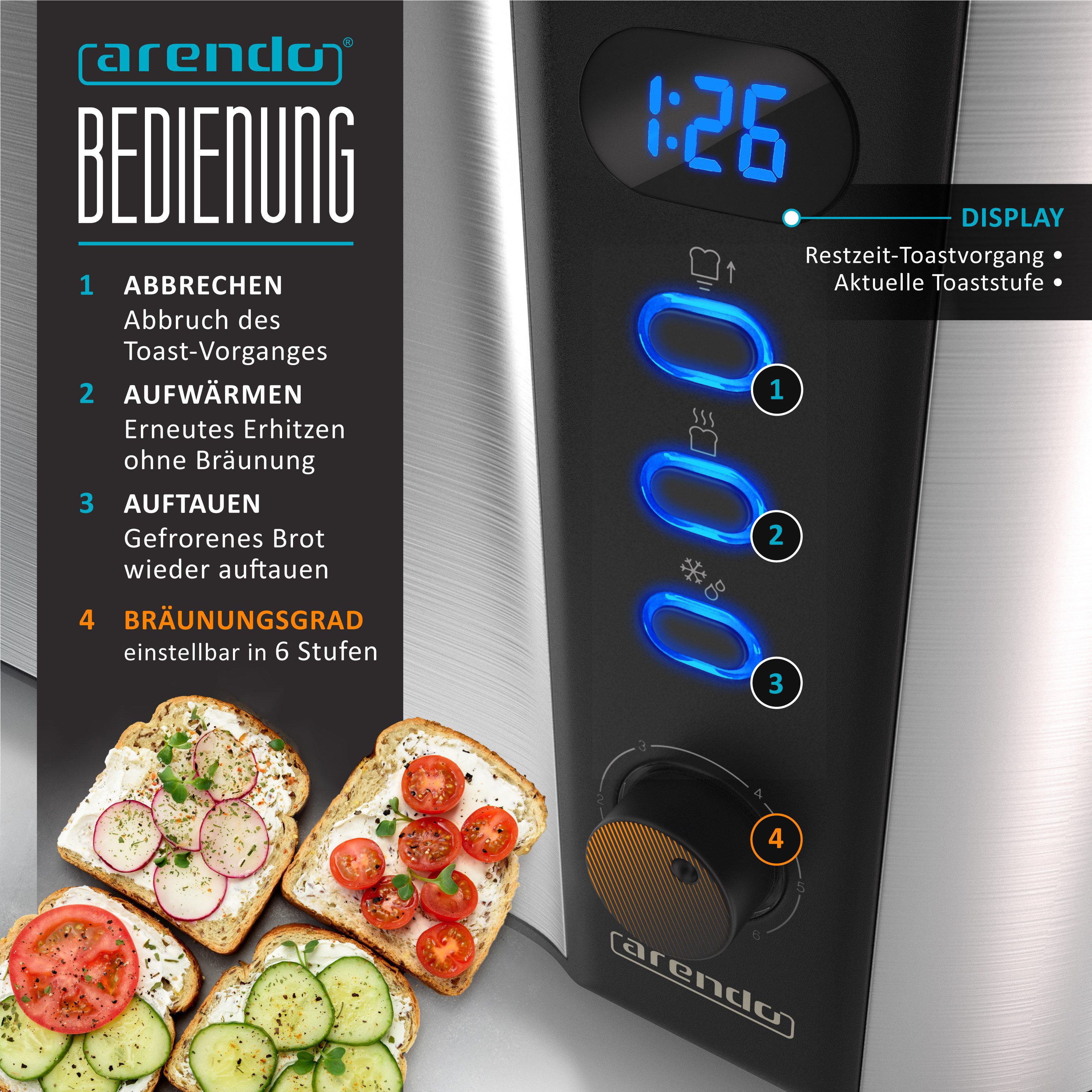 Arendo Toaster Edelstahl, Langschlitz, Display mit Restzeitanzeige, Krümelschublade, 2 lange Schlitze, für 4 Scheiben, 1500 W, Defrost Funktion, Wärmeisolierendes Gehäuse, mit Brötchenaufsatz