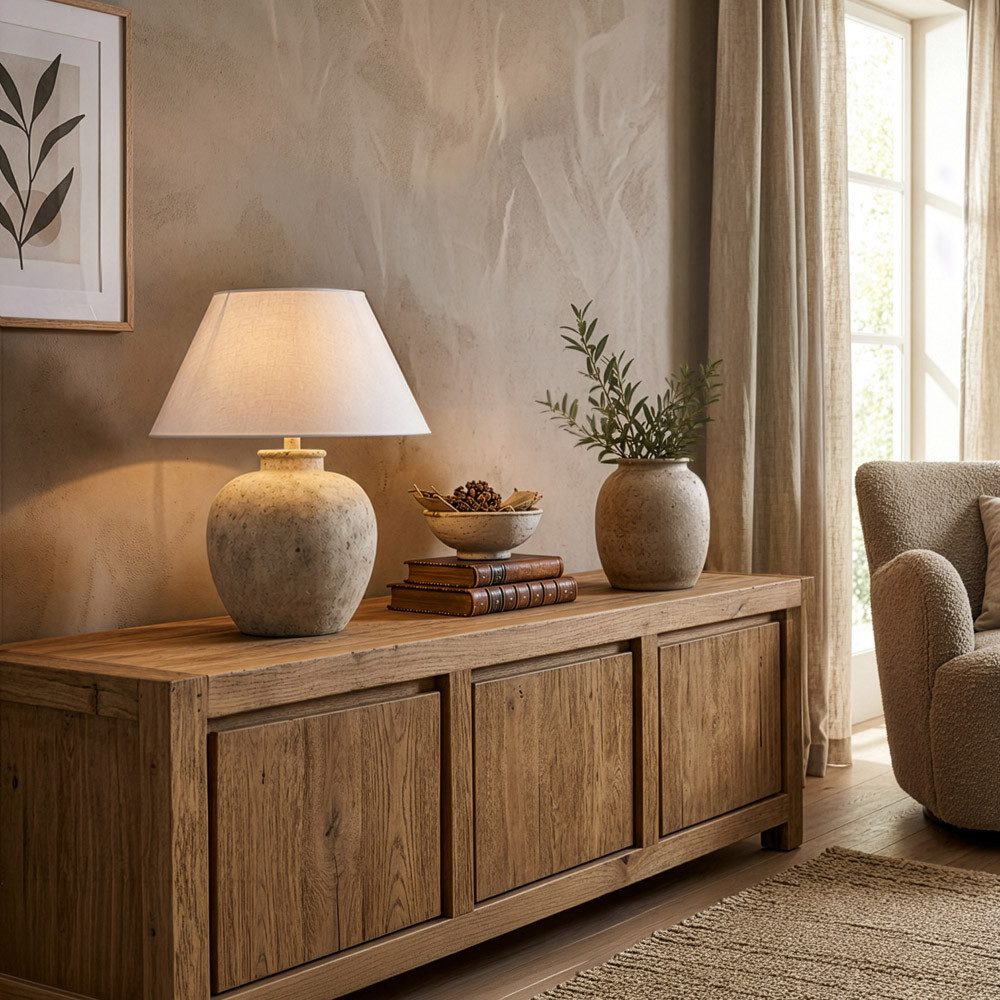 HOME DELUXE Tischleuchte LENE in Steinoptik - Größenauswahl Ø 42/50, ohne Leuchtmittel, Schirm beige Kegelform, Tischlampe, Schreibtischlampe