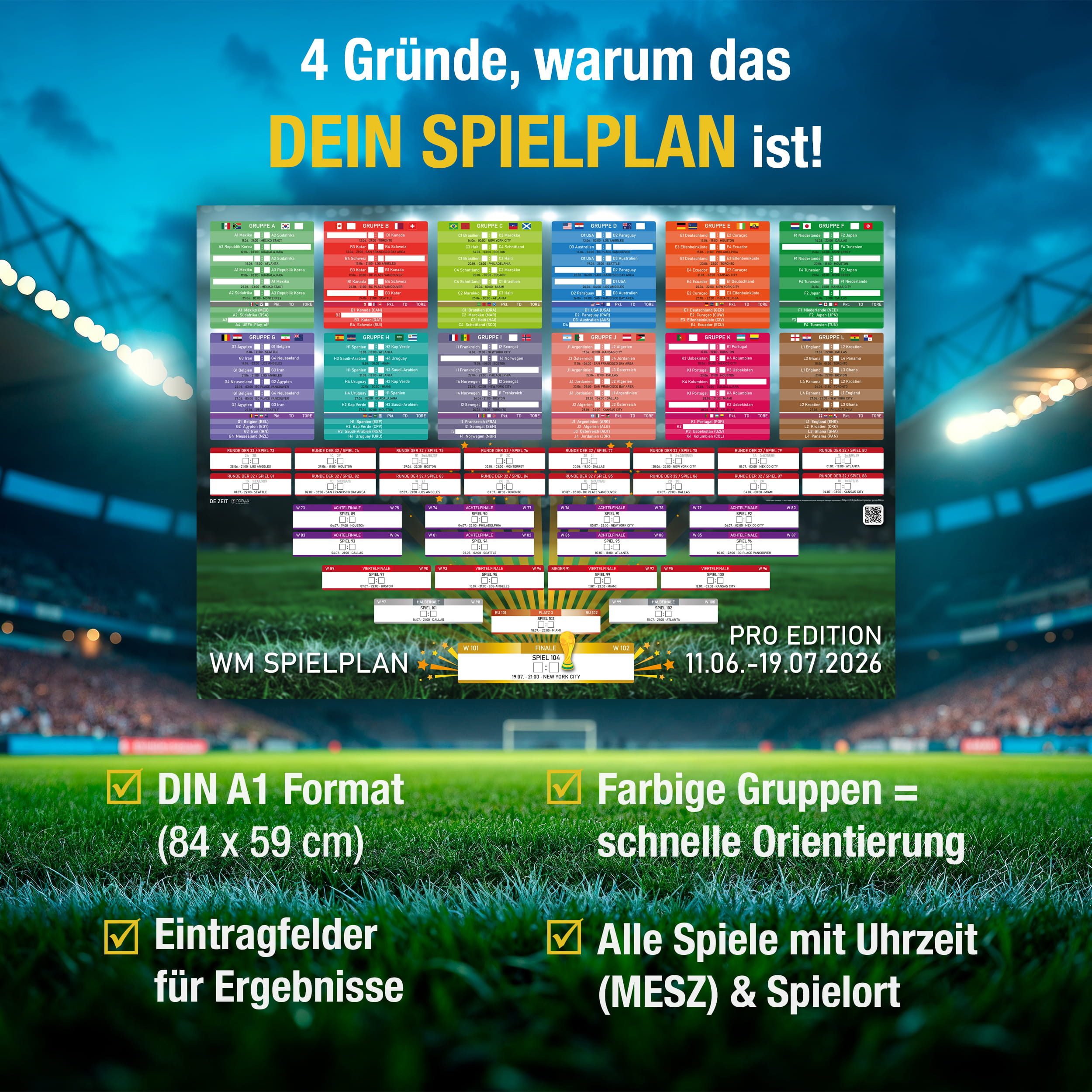 TOBJA Posterkalender WM 2026 Spielplan DIN A1 Poster zum Eintragen, Fußball WM, XXL Planer Fussball Weltmeisterschaft 2026