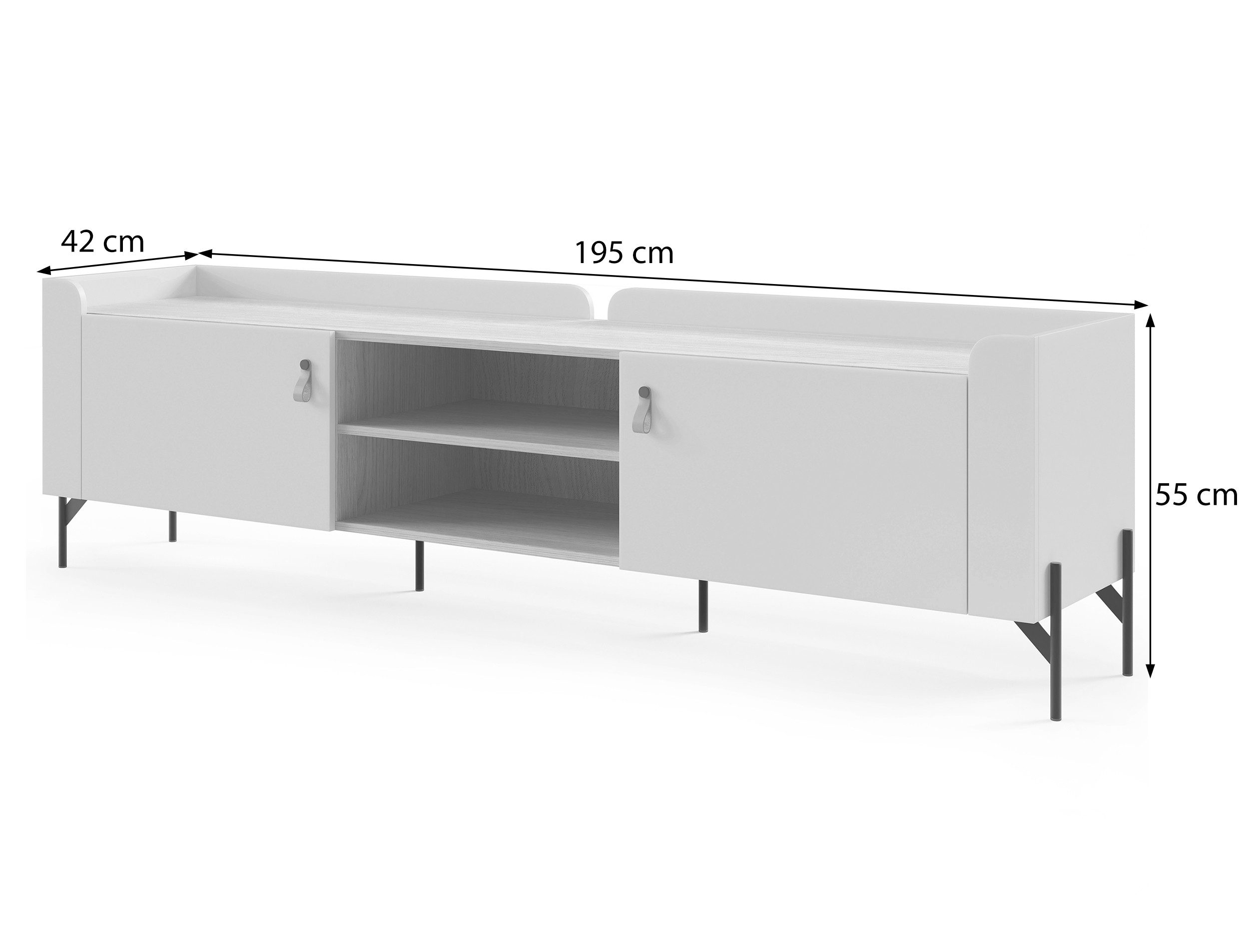 Beautysofa TV-Schrank SORELLA 2-türig, 195 cm (Metallfüßen und Designergriffen aus Leder, modernes Lowboard mit 2 offenen Fächern) Porcini oder Macadamia mit Eiche Mavelie