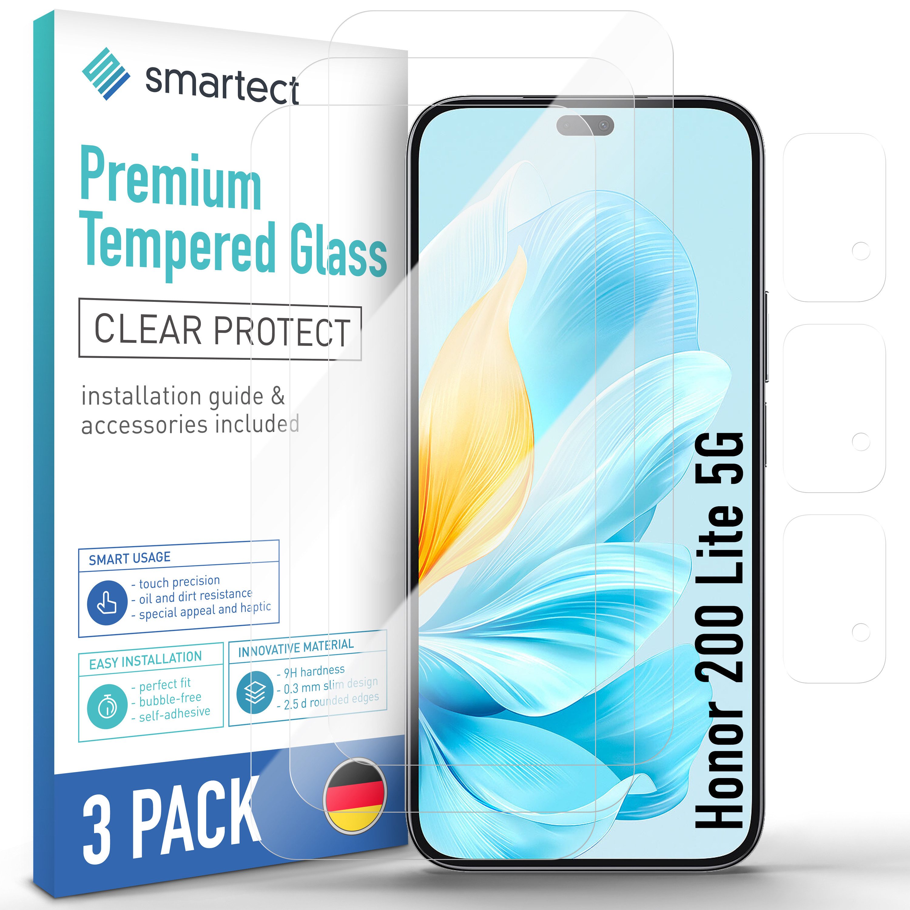 smartect Displayschutzglas Schutzglas Panzerfolie Klar 3 + 3 Stück für Honor 200 Lite 5G für Honor 200 Lite 5G, Set, 3 Stück, Display + Kamera, 9H Härte, Kratzfest, Stoßfest, Blasenfrei, Oleophob