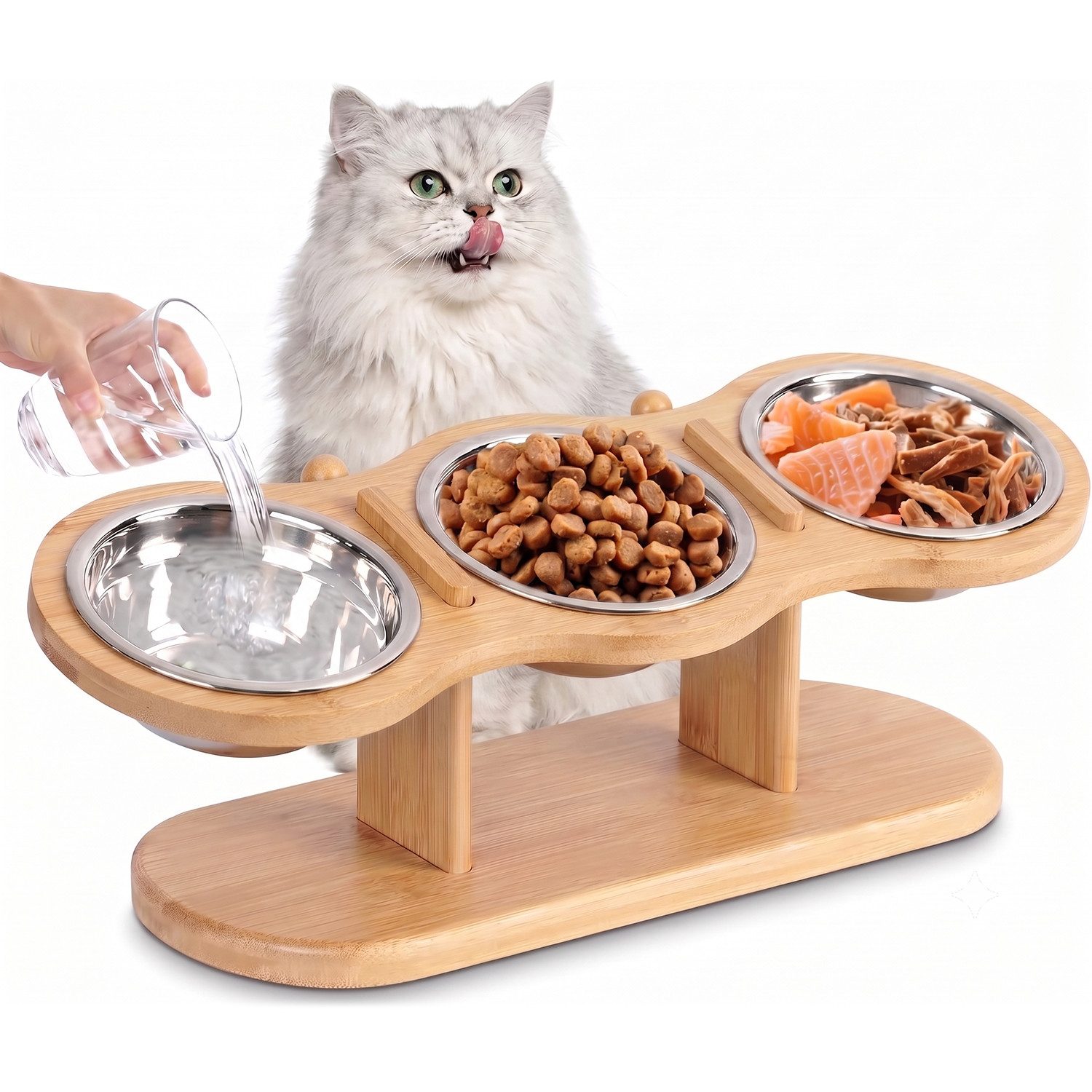 SURFOU Napf-Set Katzennäpfe Erhöht Futterstation Katze 15°Gekippte Höhe Verstellbar, Futternapf Erhöht mit 3 Edelstahl Schüsseln für Katzen,Kleine Hunde