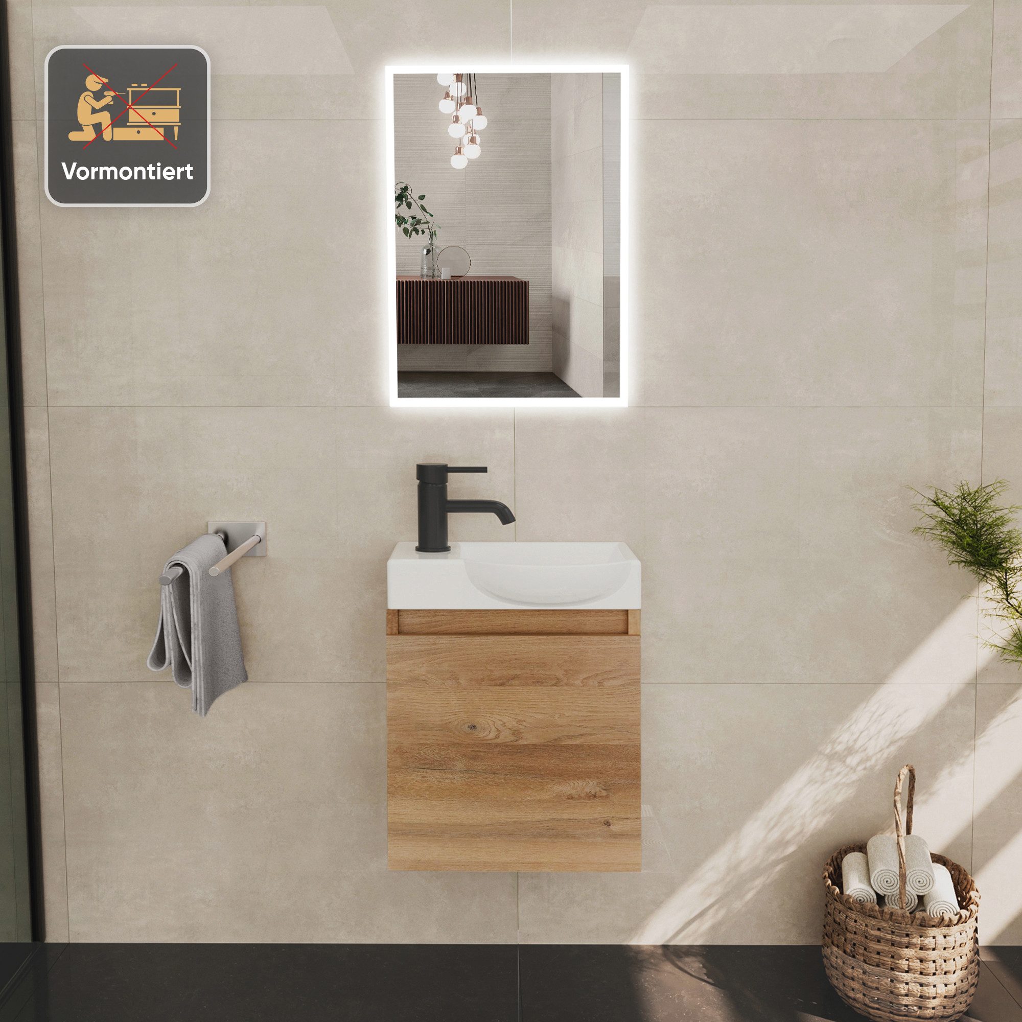 Alpenberger Waschtisch-Set Waschtisch mit Unterschrank hängend 45 cm Gäste WC, (Soft-Close Tür, MDF Bamboo, Keramik Becken Rechts mit Überlauf), Waschbecken mit – Bild 2 von 5