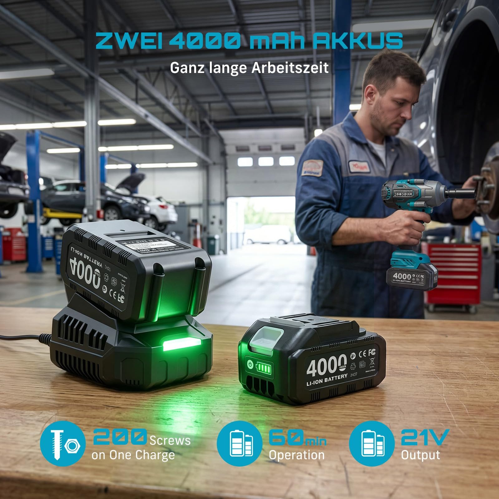 SEESII Akku-Schlagschrauber 1200 N·m, Hohes Drehmoment Akku‑Schlagschrauber mit 5 Sockeln, 2400 U/min, 1200 Nm, (mit 21V 2 x 4,0 Ah Akkus), 1/2" Bürstenloser, f – Bild 4 von 5