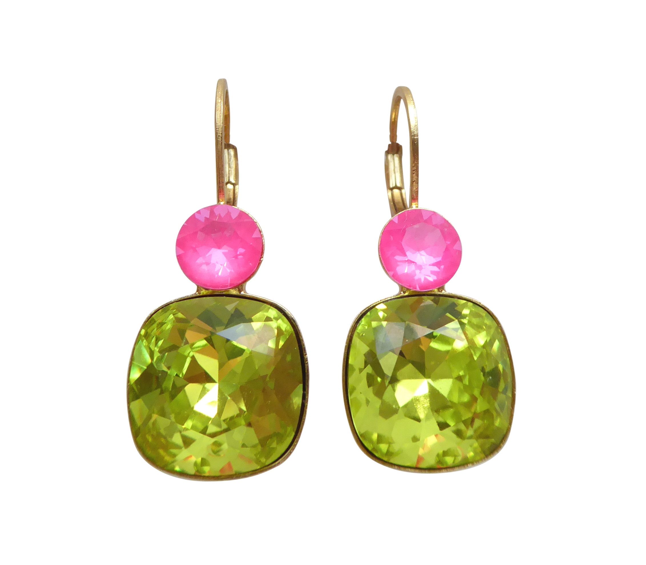 Mugello Paar Ohrhänger Mary hellgrün-pink vergoldet knallig neon Eye-Catcher, Handgefertigter Modeschmuck, made in Germany