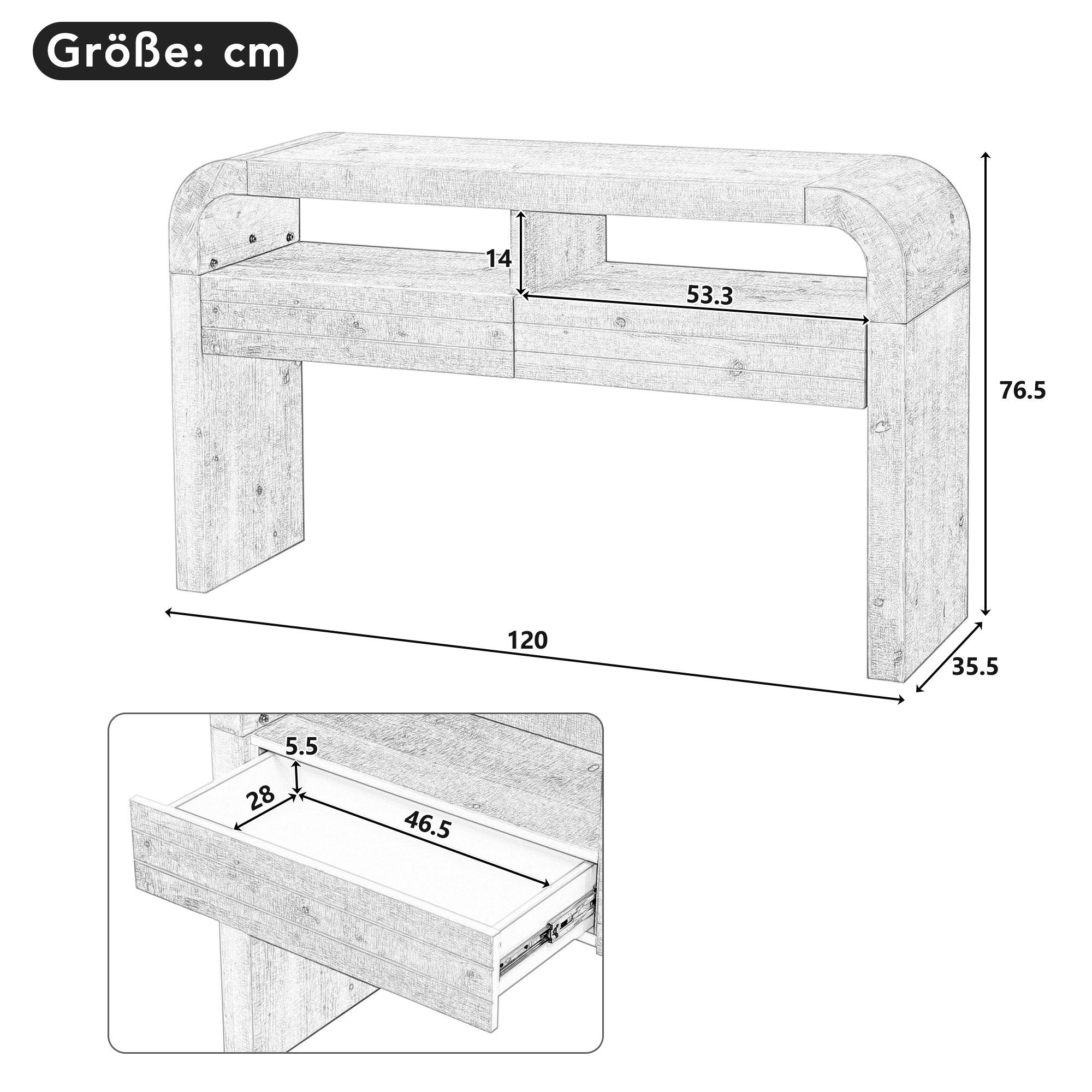 Odikalo Konsolentisch Sideboard Flurtisch mit offene und geschlossene Stauräume (120×35.5×76.5cm(L×W×H)Moderner Konsolentisch mit Schubladen für den Eingangsbereich Sideborad mit geschwungener Front und verstellbaren Fußpolstern Schmaler Konsolentisch für Diele)